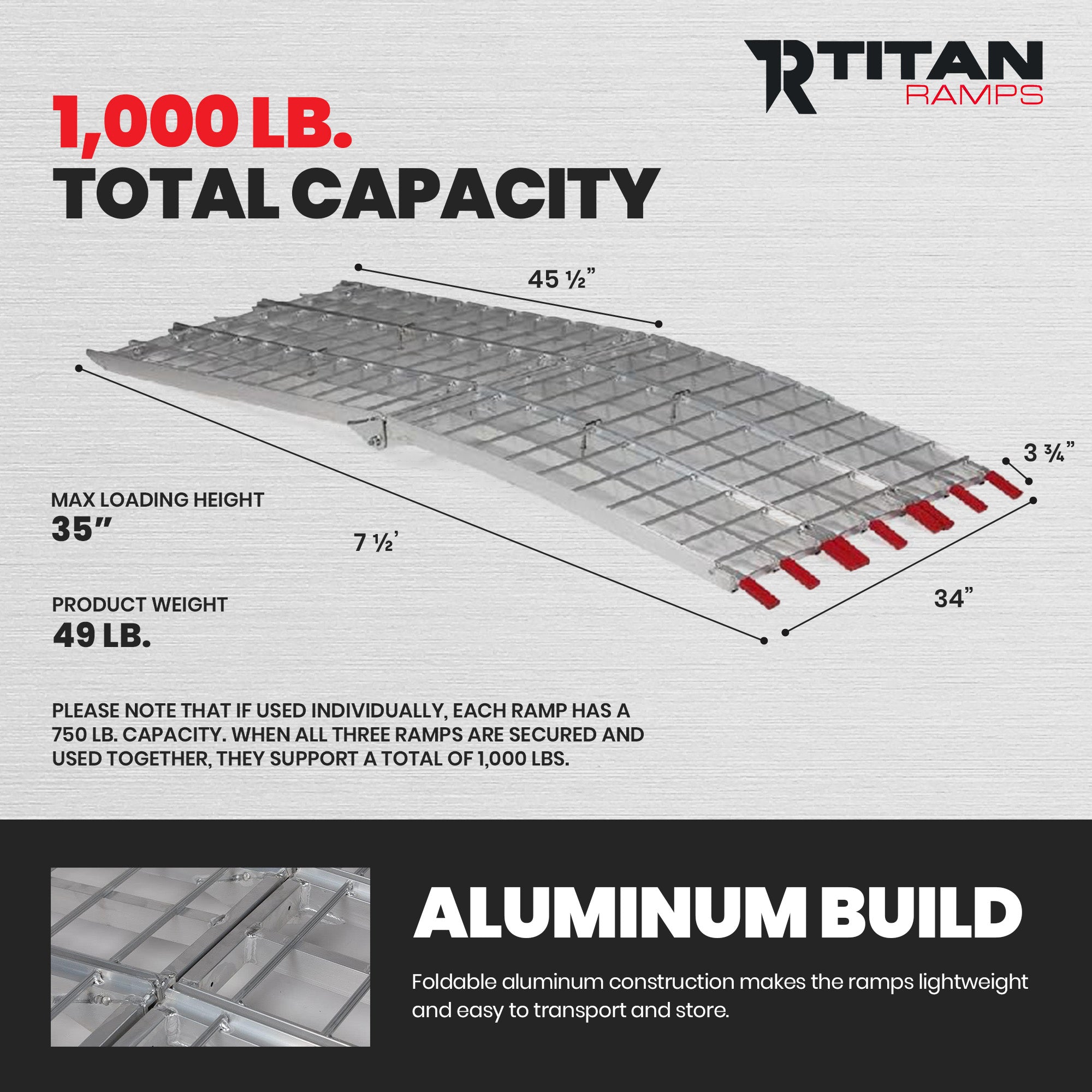 Titan Ramps 7.5 Ft Aluminum Motorcycle Loading Ramp, 1,000 Lb Capacity, Silver - VMInnovations