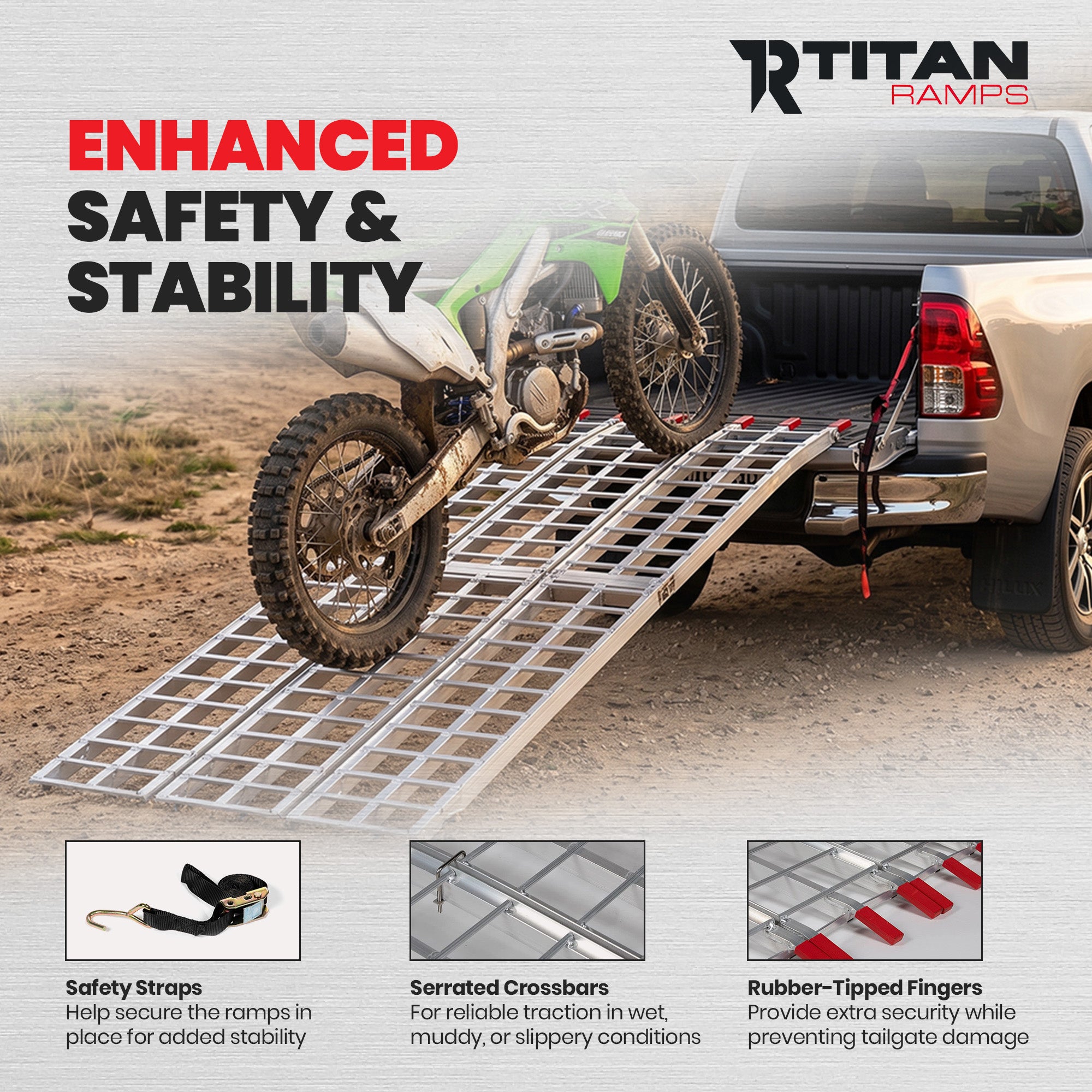 Titan Ramps 7.5 Ft Aluminum Motorcycle Loading Ramp, 1,000 Lb Capacity, Silver - VMInnovations