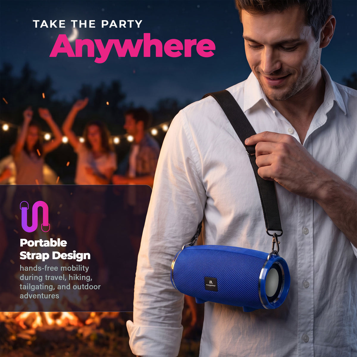 Max Power MPD189 Cyclone Rechargeable Bluetooth Speaker with Carry Strap, Blue - VMInnovations