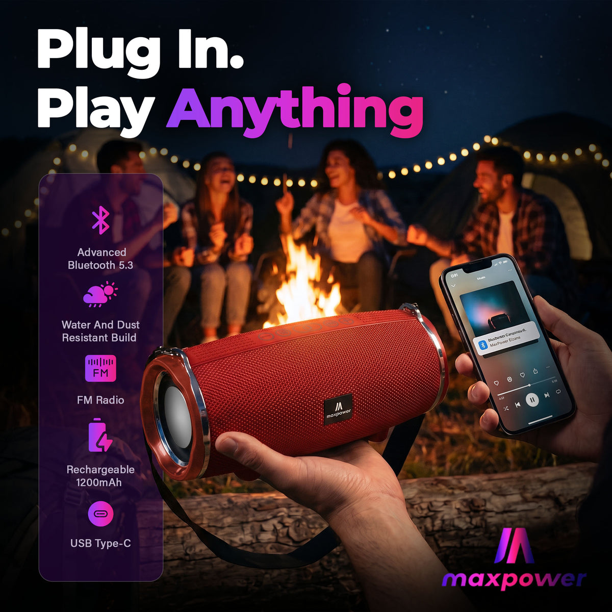 Max Power MPD189 Cyclone Rechargeable Bluetooth Speaker with Carry Strap, Red - VMInnovations