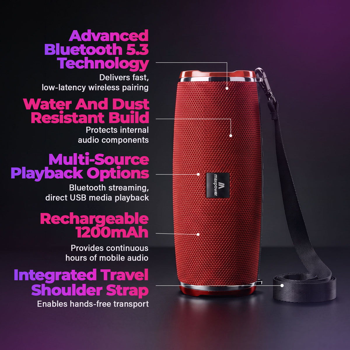 Max Power MPD189 Cyclone Rechargeable Bluetooth Speaker with Carry Strap, Red - VMInnovations