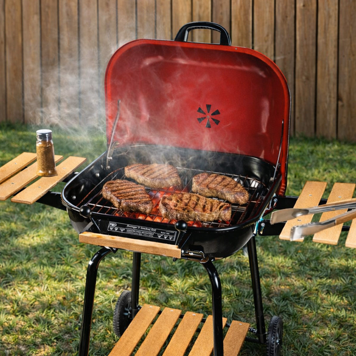 MECO Americana Swinger Wheeled Charcoal Grill w/Side Tables & Bottom Shelf, Red