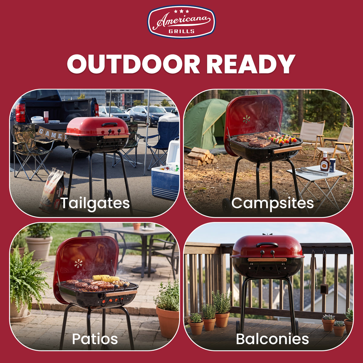 Americana The Swinger Portable Charcoal Grill, Outdoor BBQ with Wheels, Red - VMInnovations