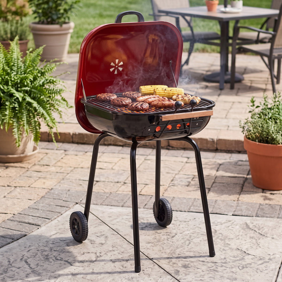 Americana The Swinger Portable Charcoal Grill, Outdoor BBQ with Wheels, Red - VMInnovations