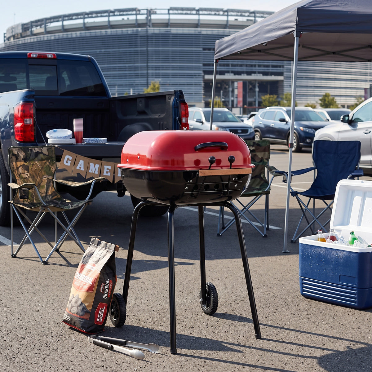 Americana The Swinger Portable Charcoal Grill, Outdoor BBQ with Wheels, Red - VMInnovations