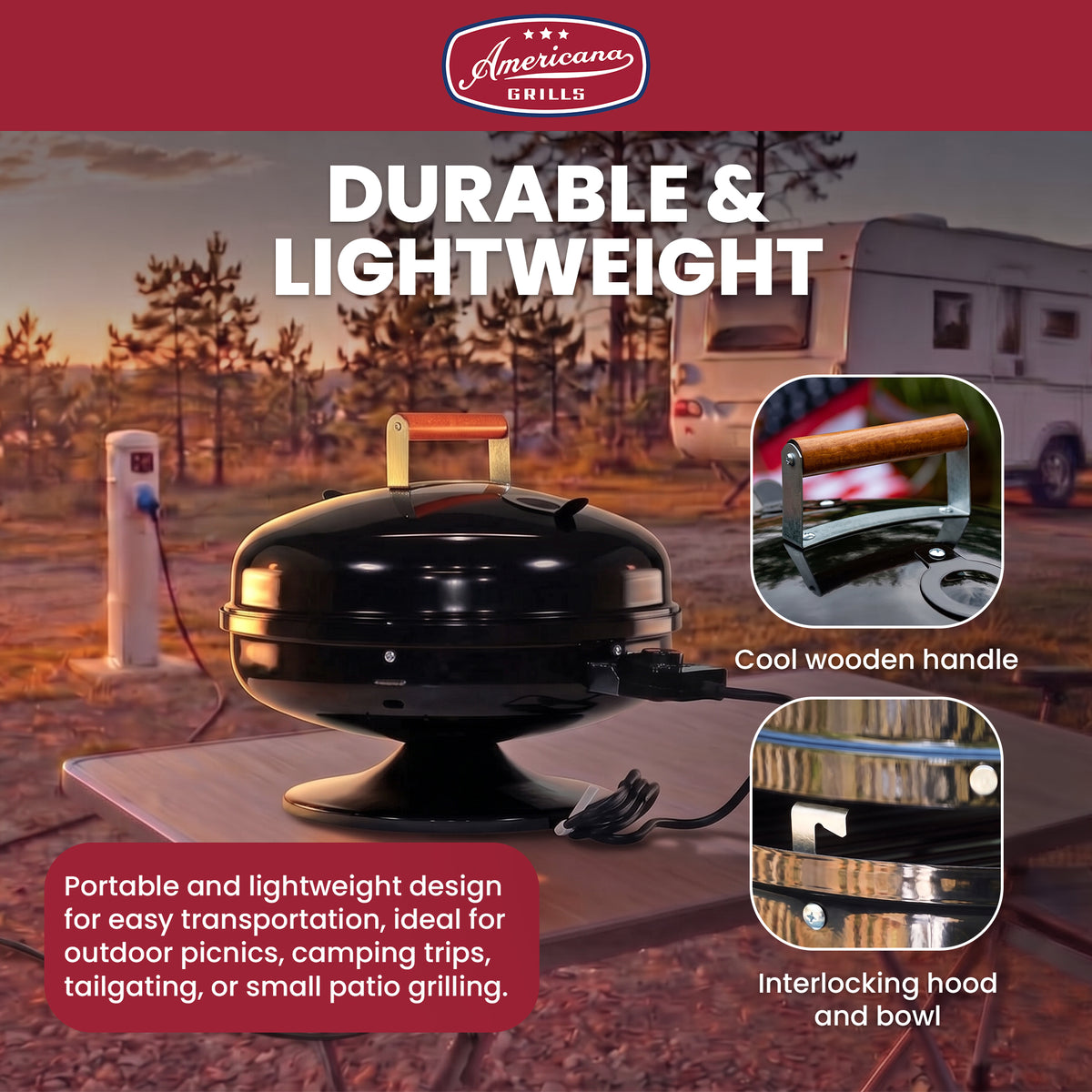 Americana Grills Lock N' Go Electric Grill, Portable for Outdoor Cooking, Black - VMInnovations