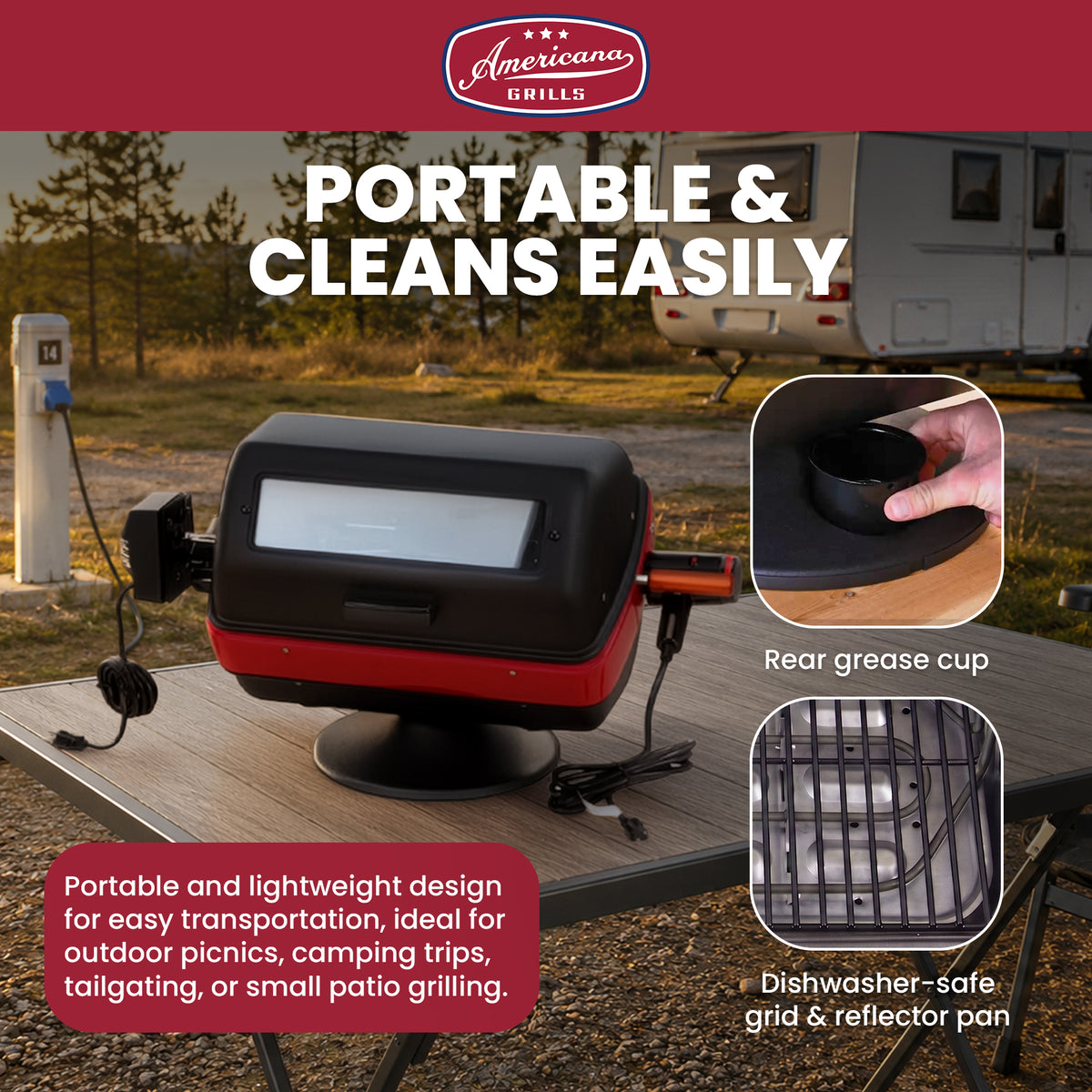 Americana 3-Zone Electric Tabletop BBQ Grill, Rotisserie-Ready with Window - VMInnovations