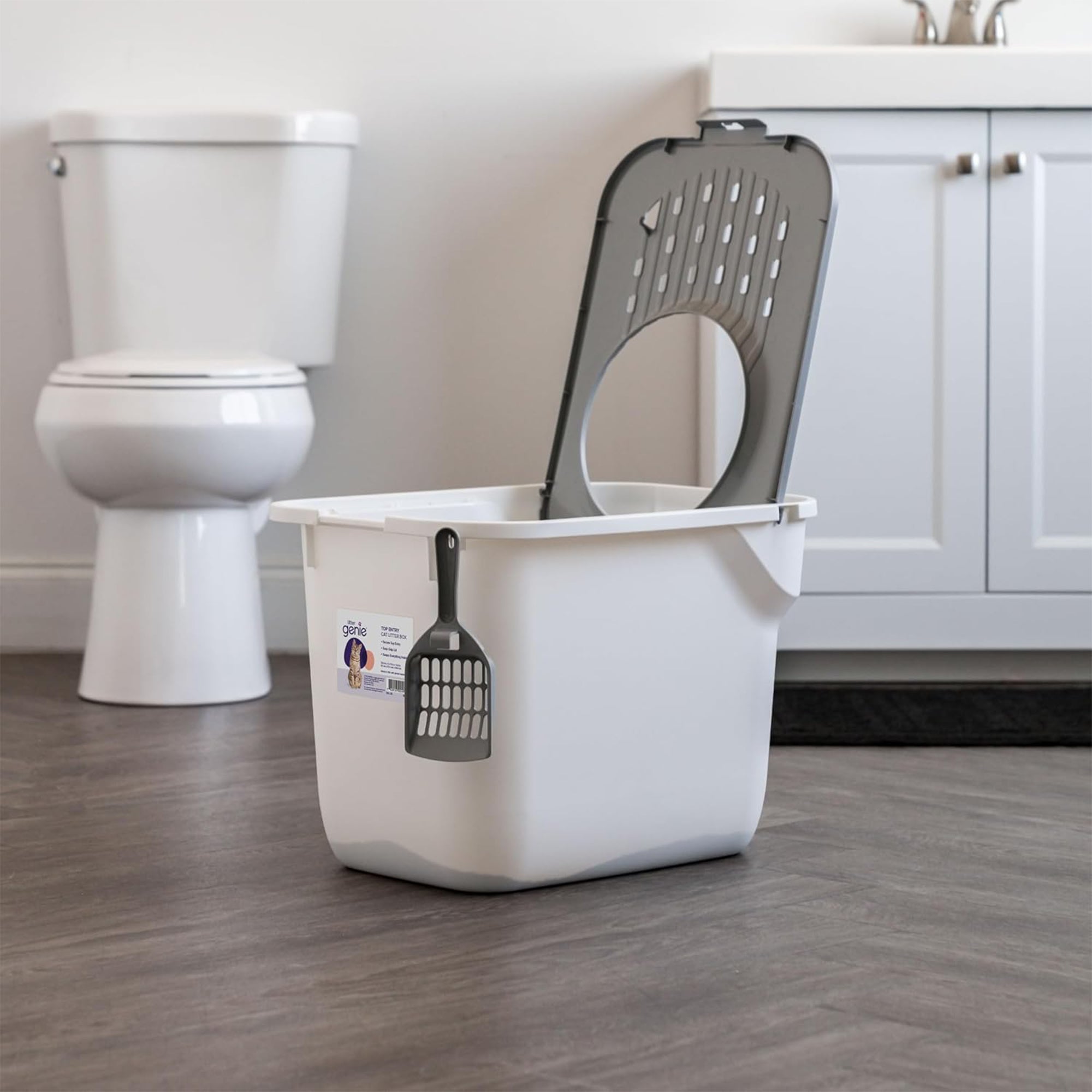 Litter Genie Large Cat Litter Box, Top Entry w/ Catching Lid & Scoop, White/Gray - VMInnovations
