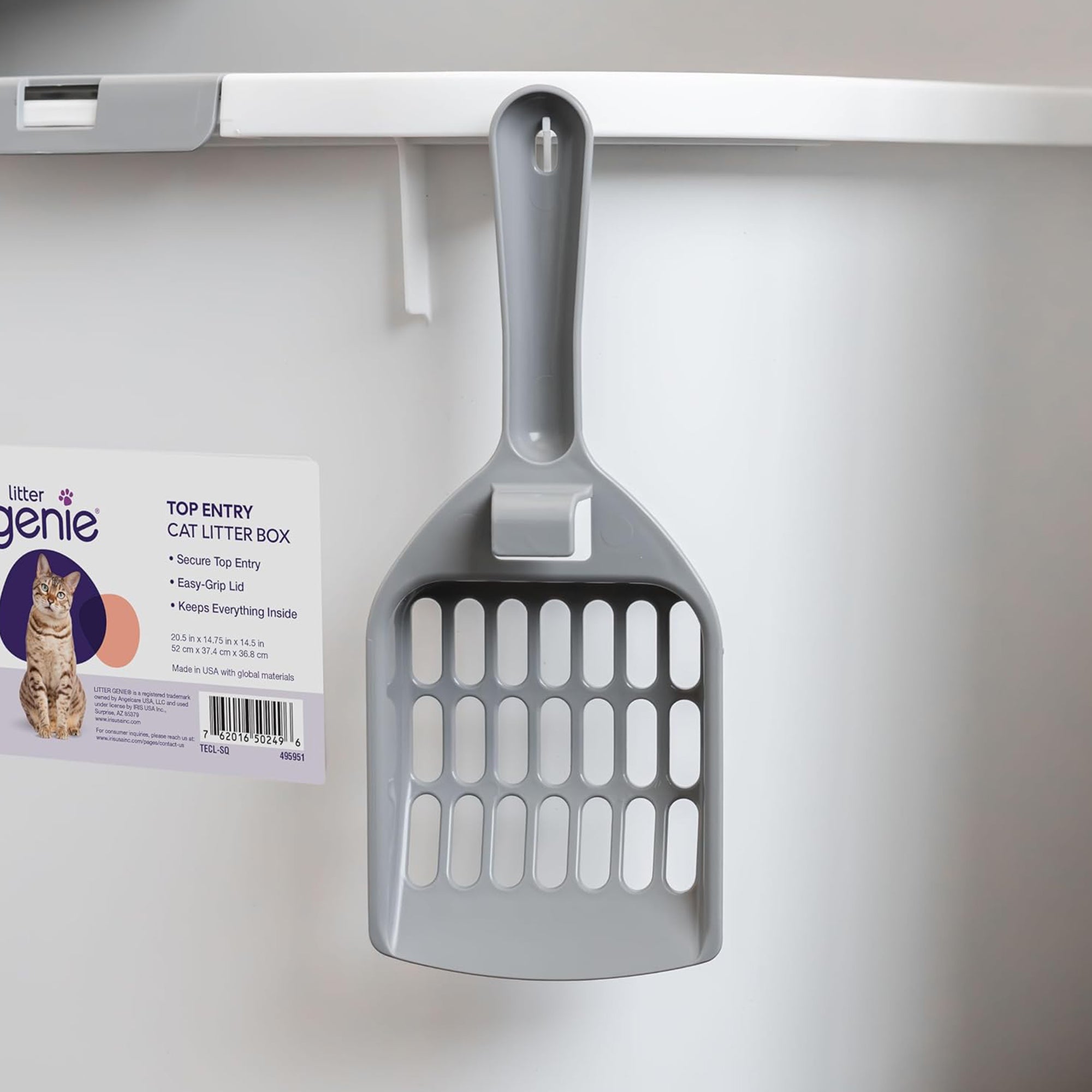 Litter Genie Large Cat Litter Box, Top Entry w/ Catching Lid & Scoop, White/Gray - VMInnovations