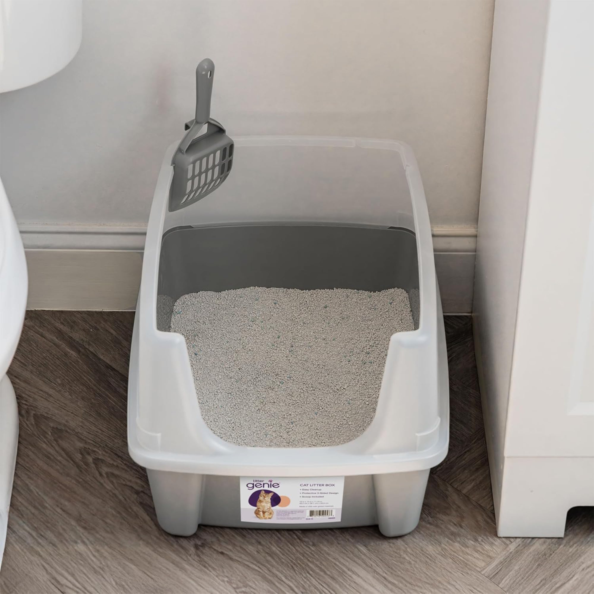 IRIS USA Large High Sided Cat Litter Box, Open Top, Scatter Shield, Scoop, Gray - VMInnovations
