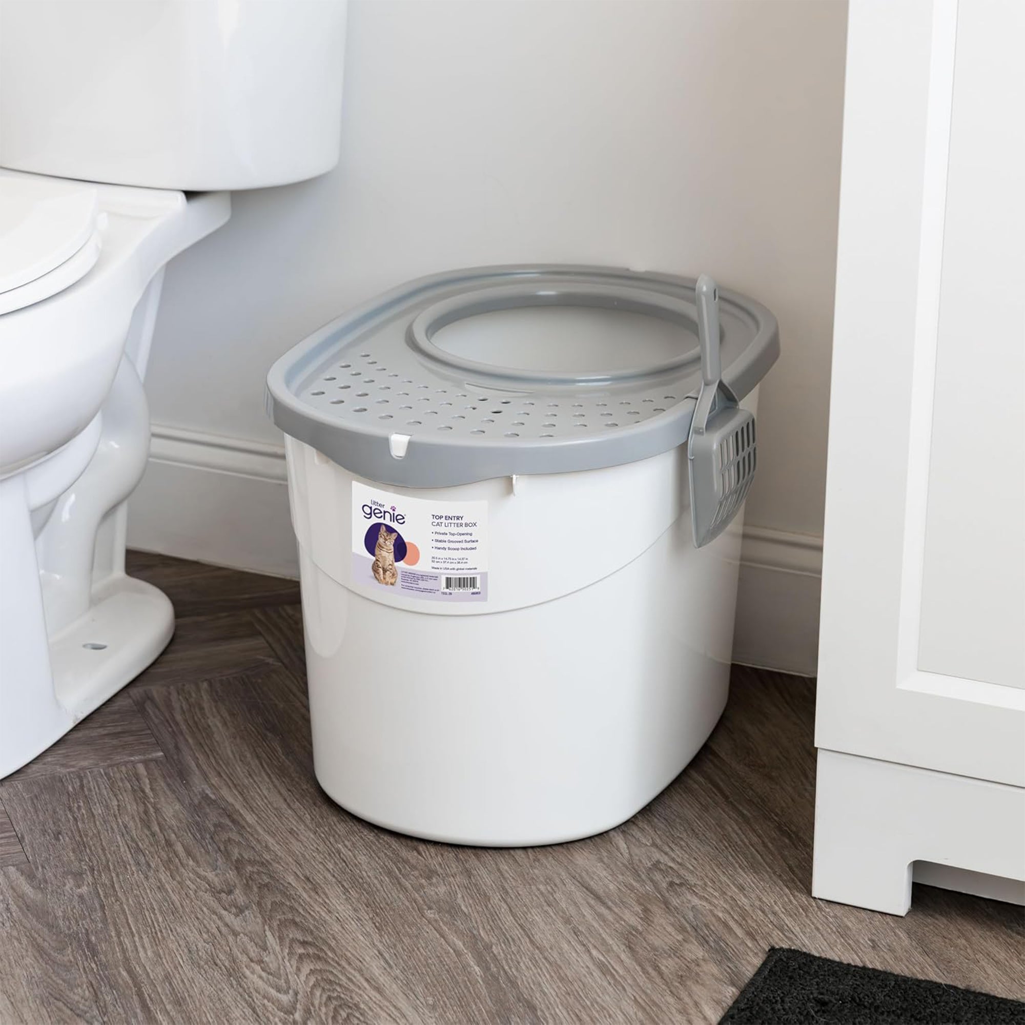IRIS USA Cat Litter Box, Large Top Entry with Catching Lid & Scoop, White/Gray - VMInnovations