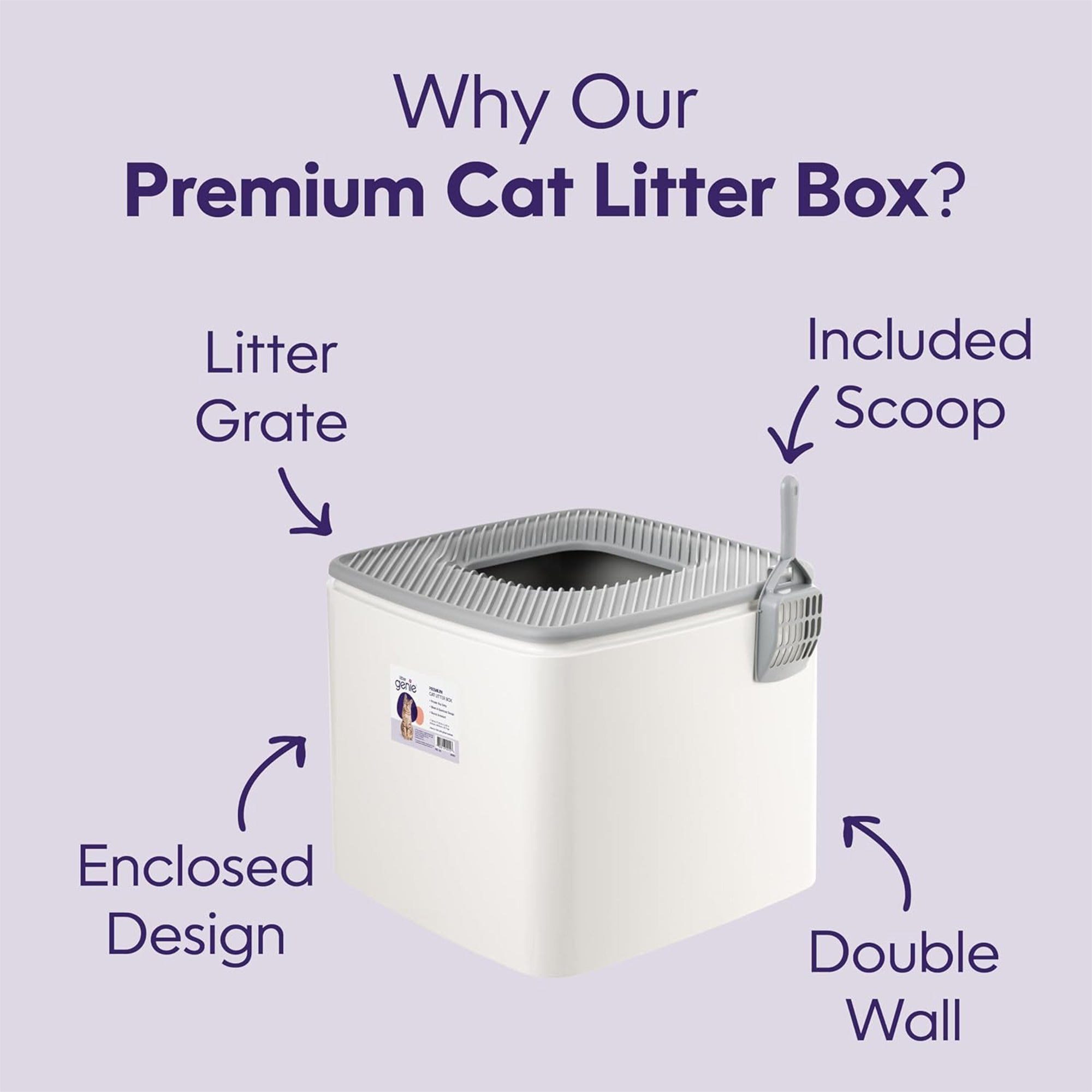 Litter Genie Cat Litter Box, Square Top Entry w/Catching Lid & Scoop, White/Gray - VMInnovations
