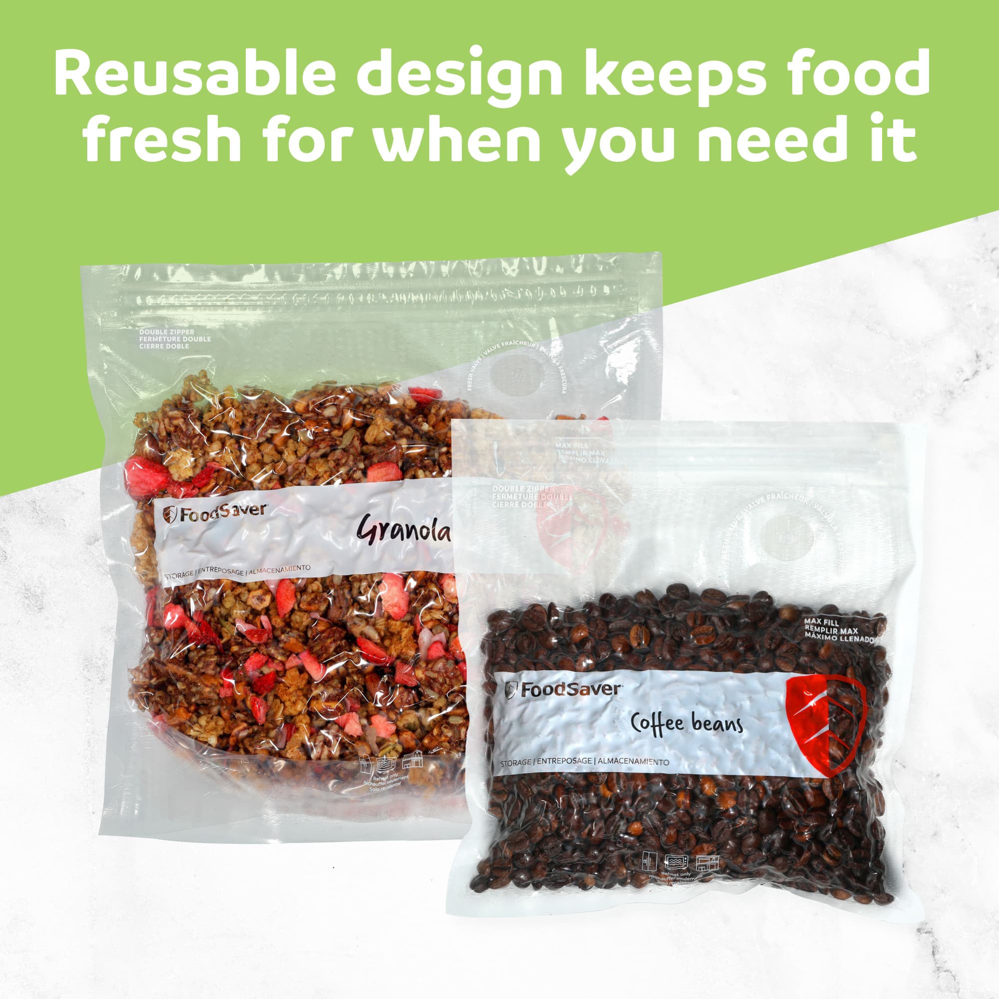FoodSaver 36 Pack Reusable Quart Vacuum Zipper Bags, BPA-Free Freezer Storage
