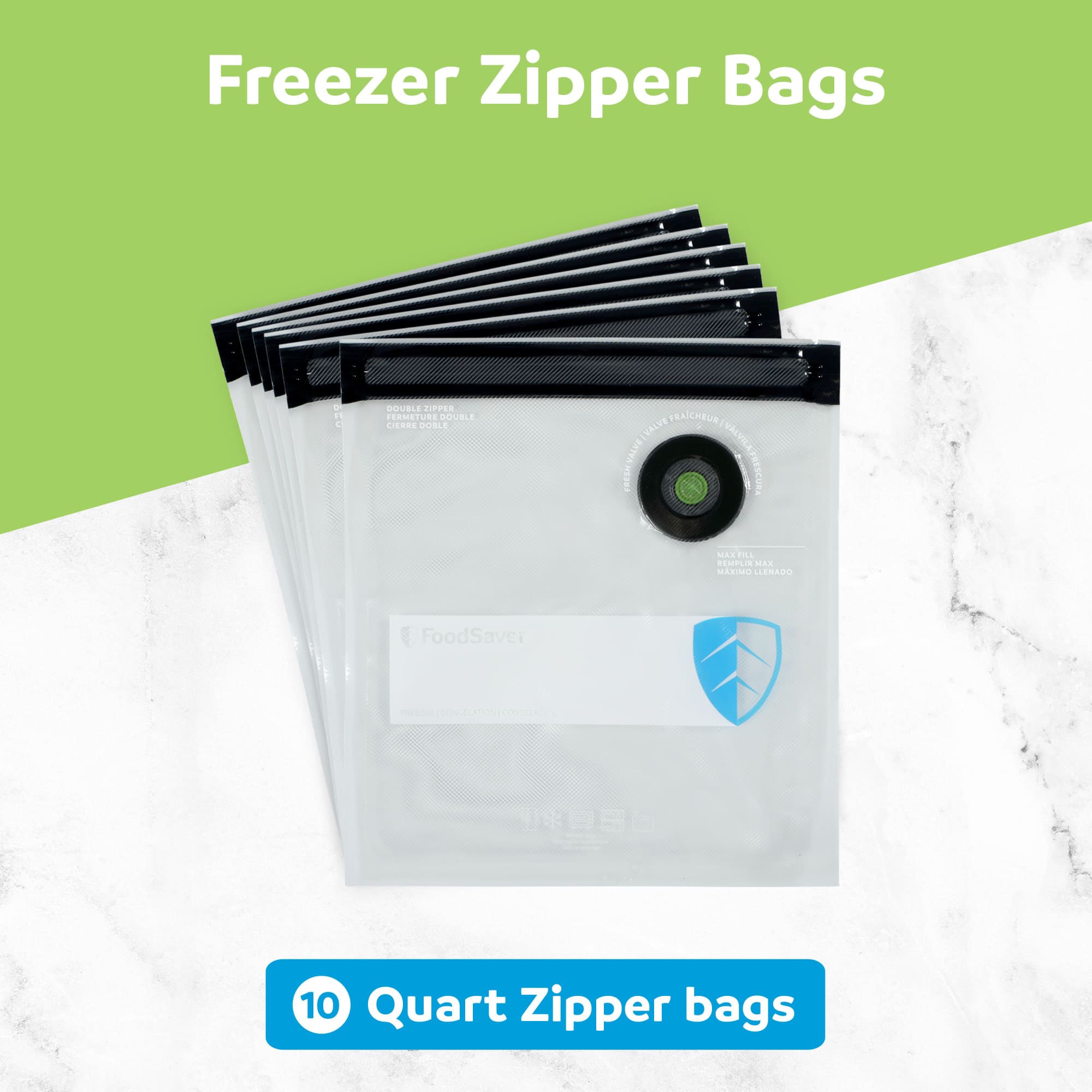 FoodSaver 10 Pack Reusable Quart Vacuum Zipper Bags, BPA-Free Freezer Storage