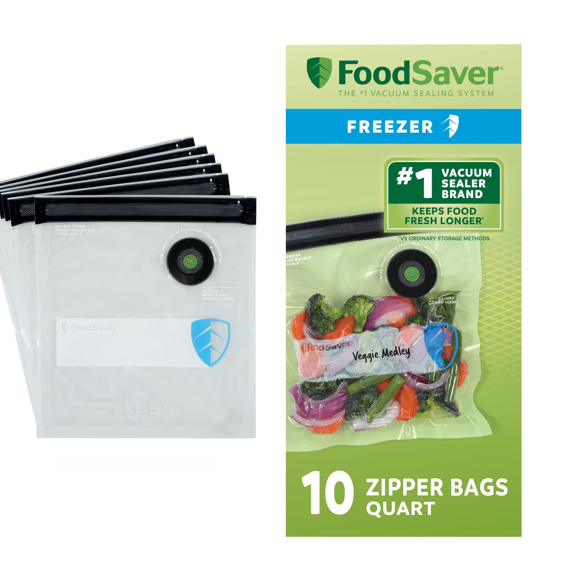FoodSaver 10 Pack Reusable Quart Vacuum Zipper Bags, BPA-Free Freezer Storage