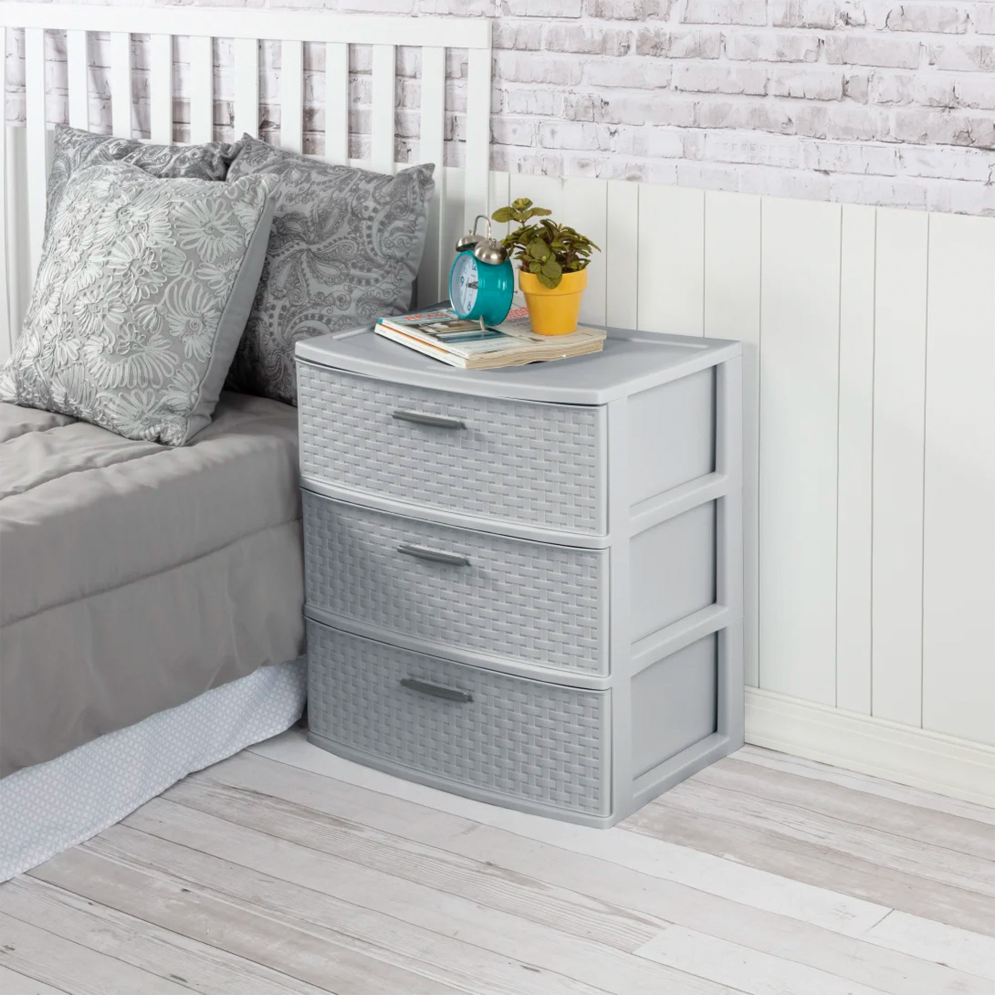 Sterilite 3 Drawer Wide Storage Tower, Plastic Weave Organizer, Cement, 2 Pack