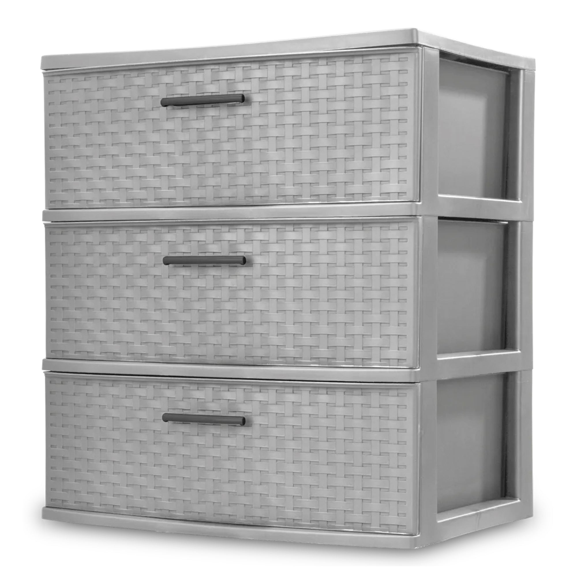 Sterilite 3 Drawer Wide Storage Tower, Plastic Weave Organizer, Cement, 4 Pack