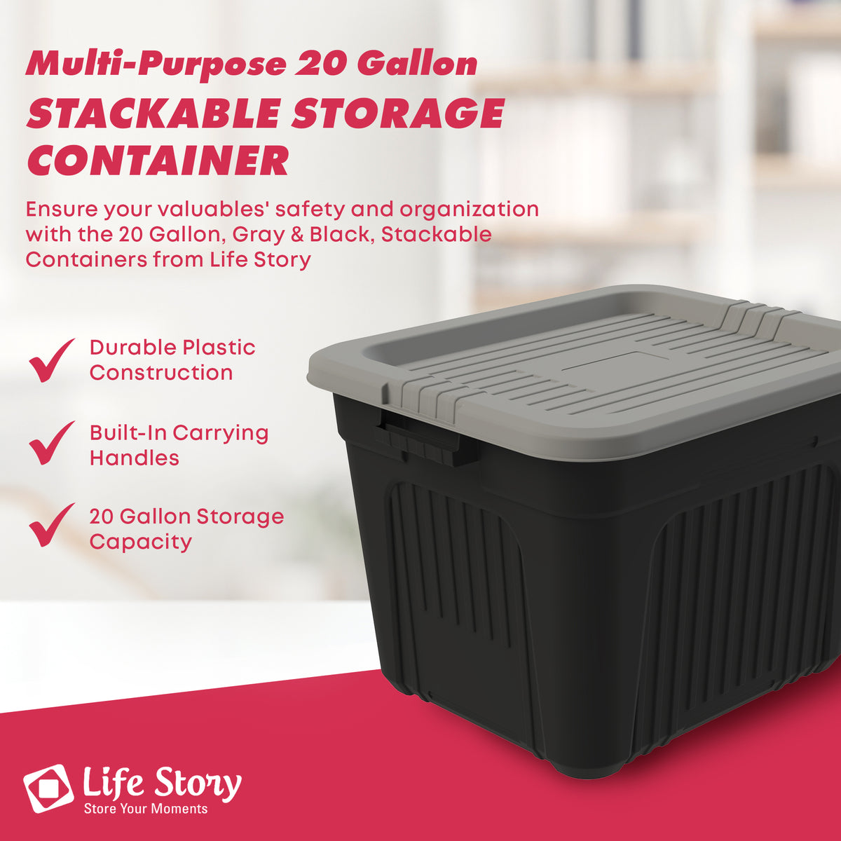 Life Story 20 Gallon Stackable Storage Bin, Versatile Lidded Container, Gray - VMInnovations