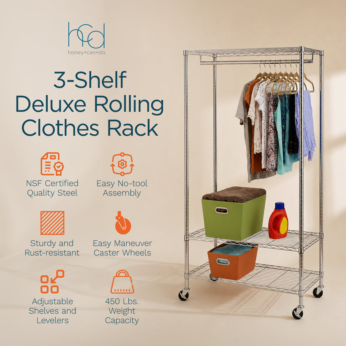 Honey-Can-Do 3-Shelf Deluxe Garment Rack, Adjustable Shelves and Locking Wheels