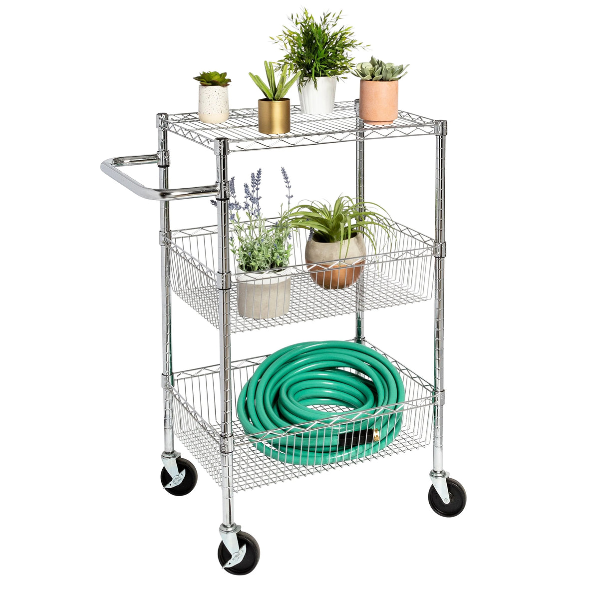 Honey-Can-Do 3 Shelf Chrome Steel Wire Storage Cart with 4" Locking Casters