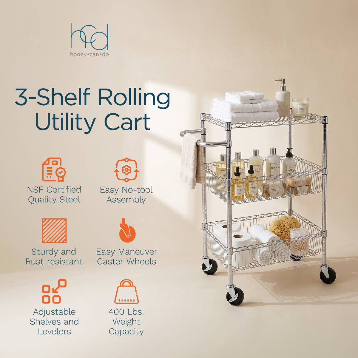 Honey-Can-Do 3 Shelf Chrome Steel Wire Storage Cart with 4" Locking Casters