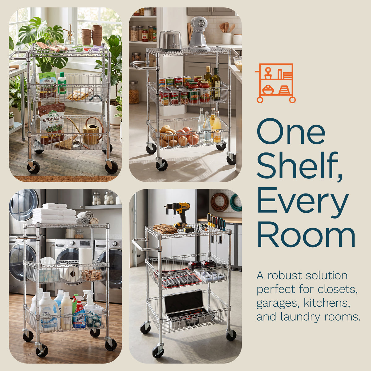 Honey-Can-Do 3 Shelf Chrome Steel Wire Storage Cart with 4" Locking Casters