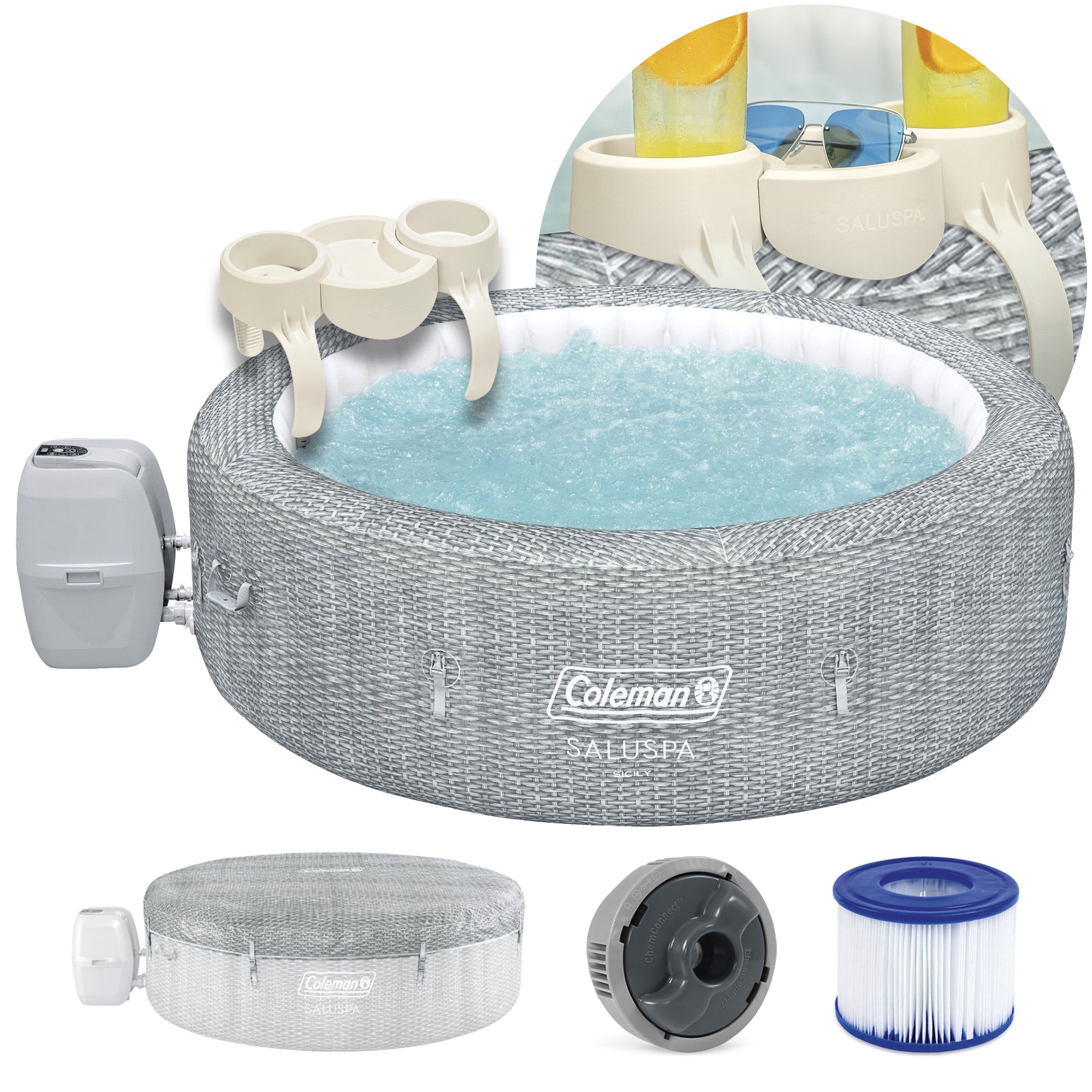 Coleman Sicily 5-7 Person AirJet Inflatable Spa, EnergySense Cover, Drink Holder