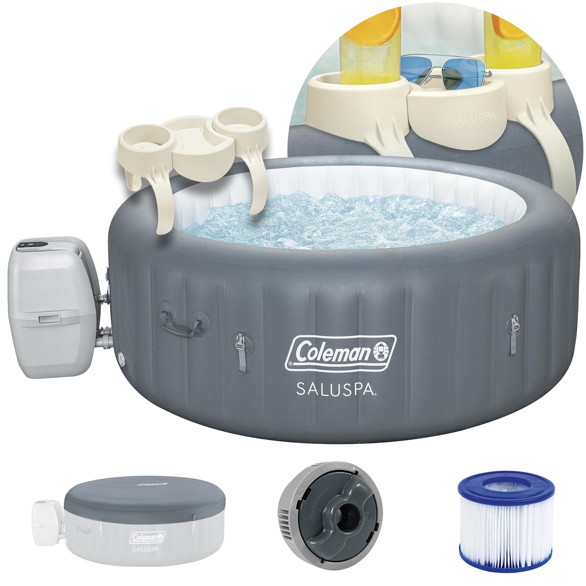 Coleman SaluSpa 4-6 Person AirJet Inflatable Spa, EnergySense Cover,Drink Holder