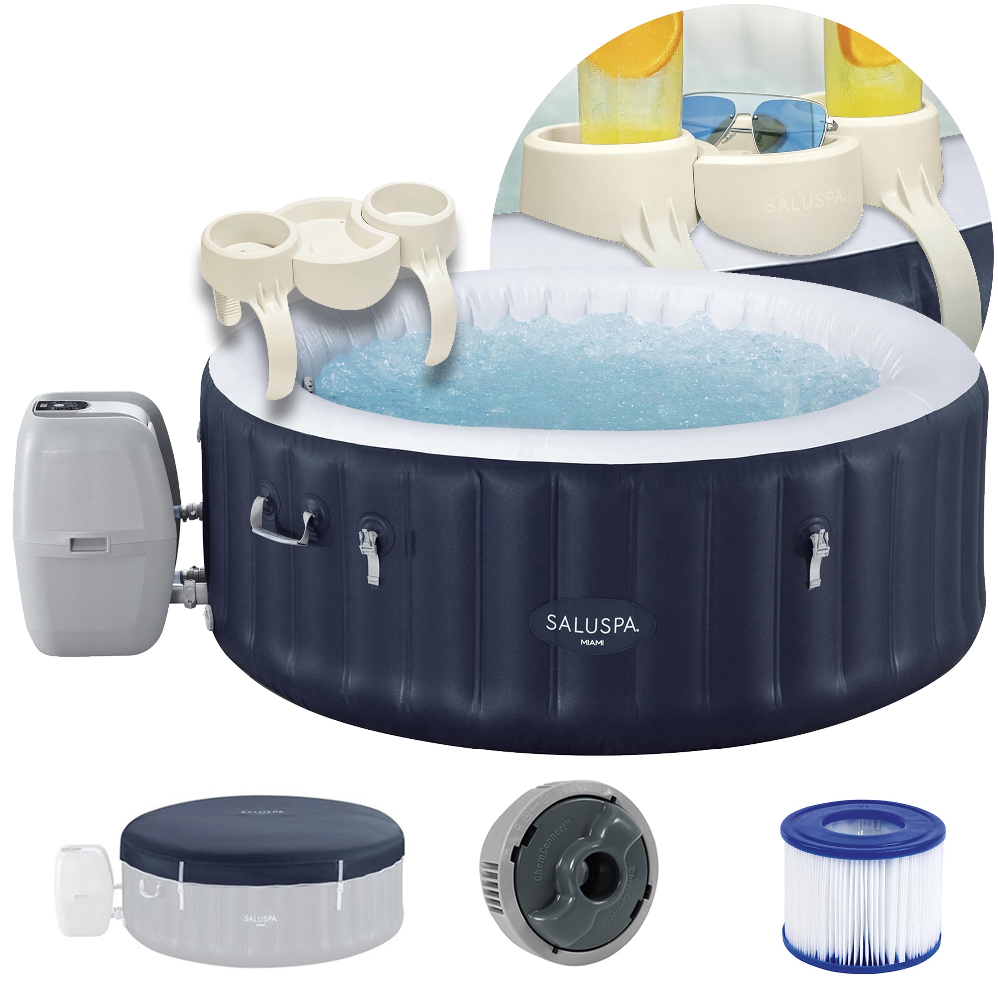 Bestway SaluSpa Miami 2-4 Person Inflatable Spa, EnergySense Cover, Drink Holder