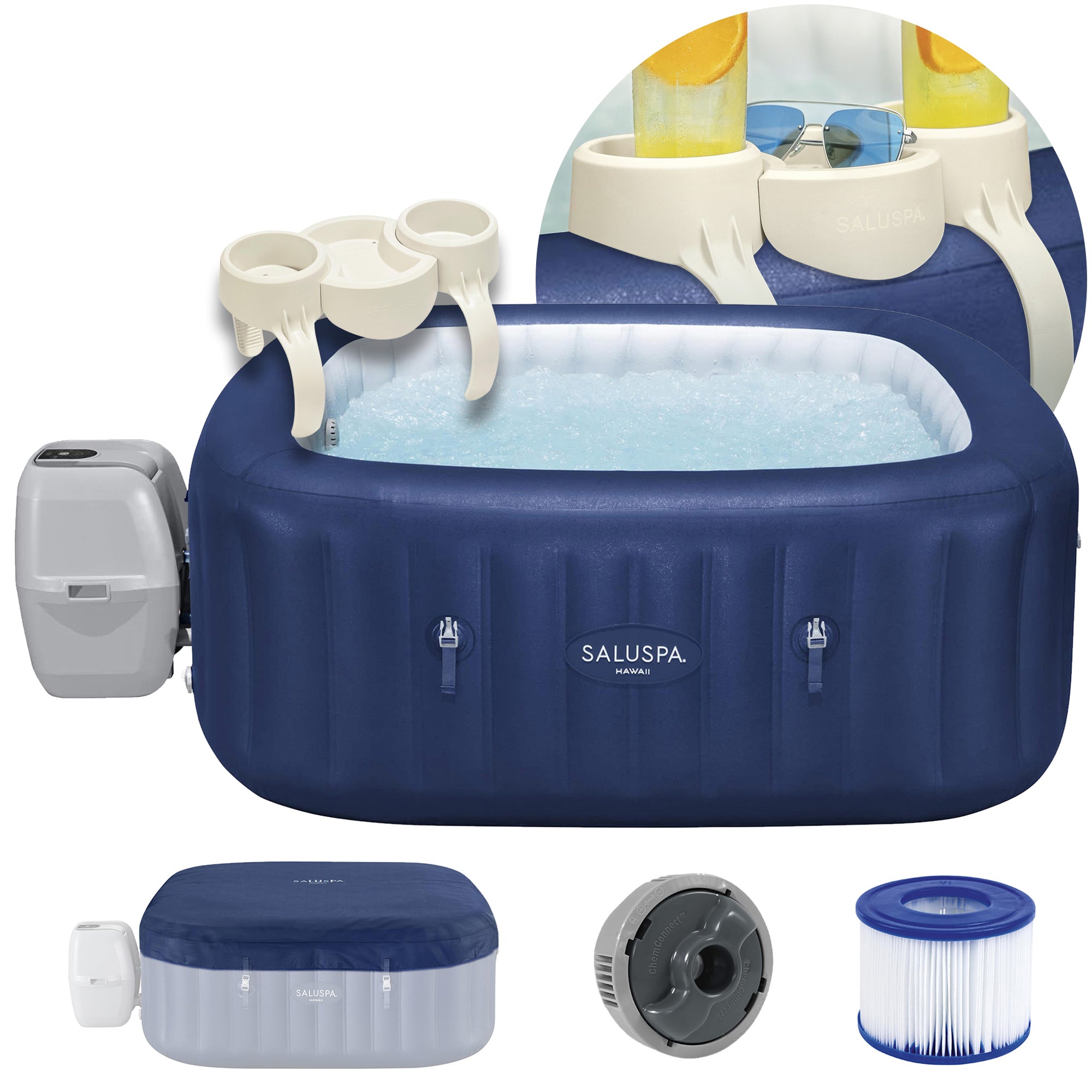 SaluSpa Hawaii AirJet 4-6 Person Inflatable Spa, EnergySense Cover, Drink Holder