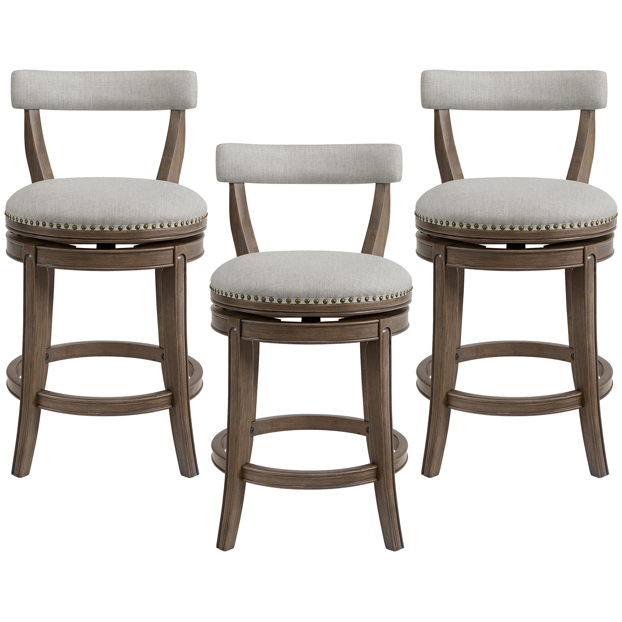 ROME + OAK Ruxban 26" Swivel Counter Stool, Weathered Oak, Sand Fabric, Set of 3 - VMInnovations