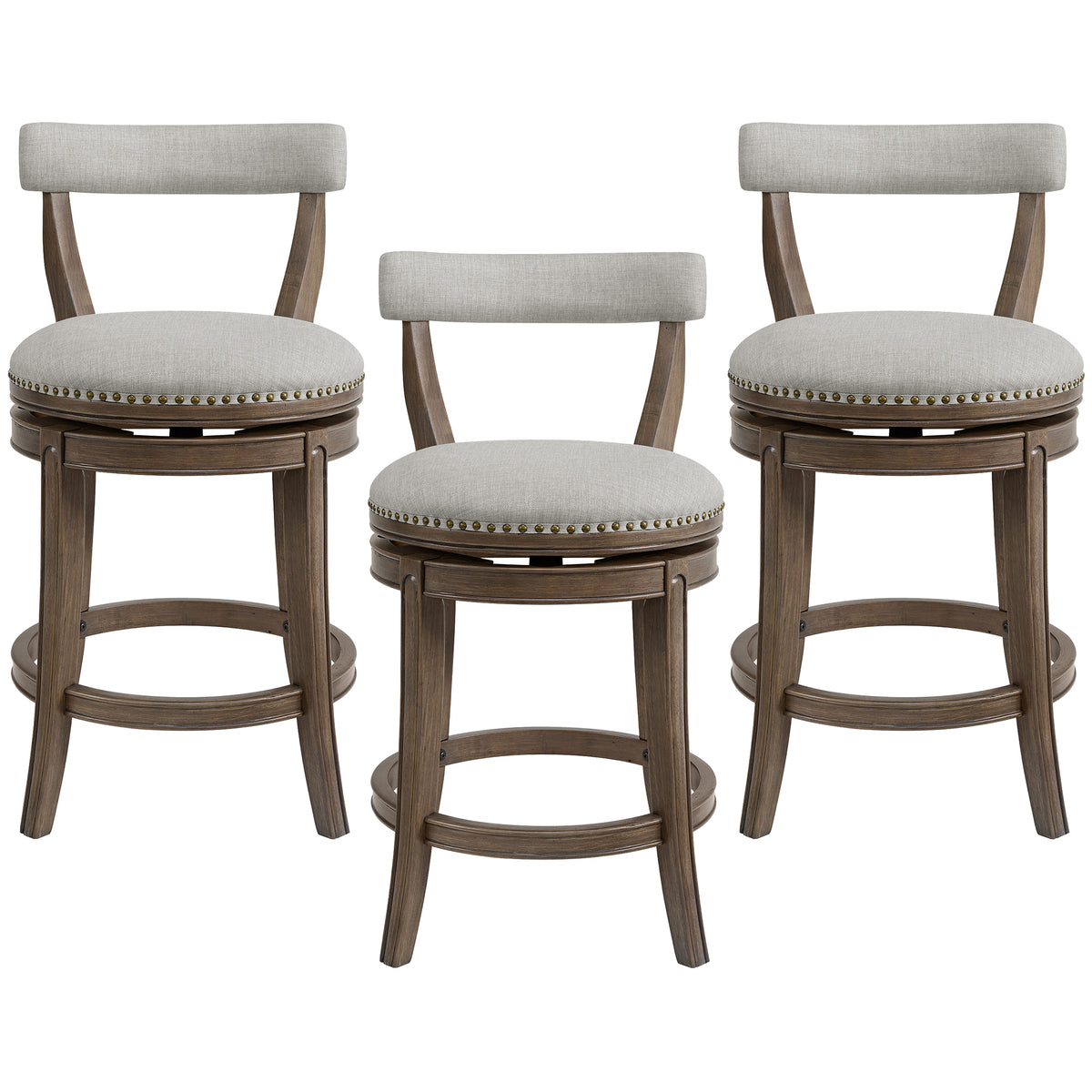 ROME + OAK Ruxban 26" Swivel Counter Stool, Weathered Oak, Sand Fabric, Set of 3 - VMInnovations