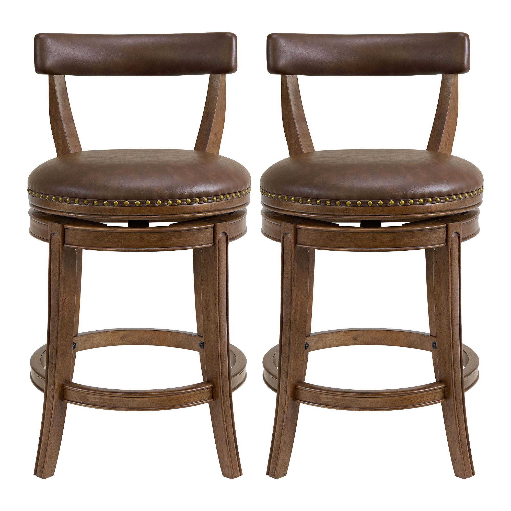 ROME + OAK Ruxban 26" Swivel Counter Stool, Walnut with Brown Leather, Set of 2 - VMInnovations