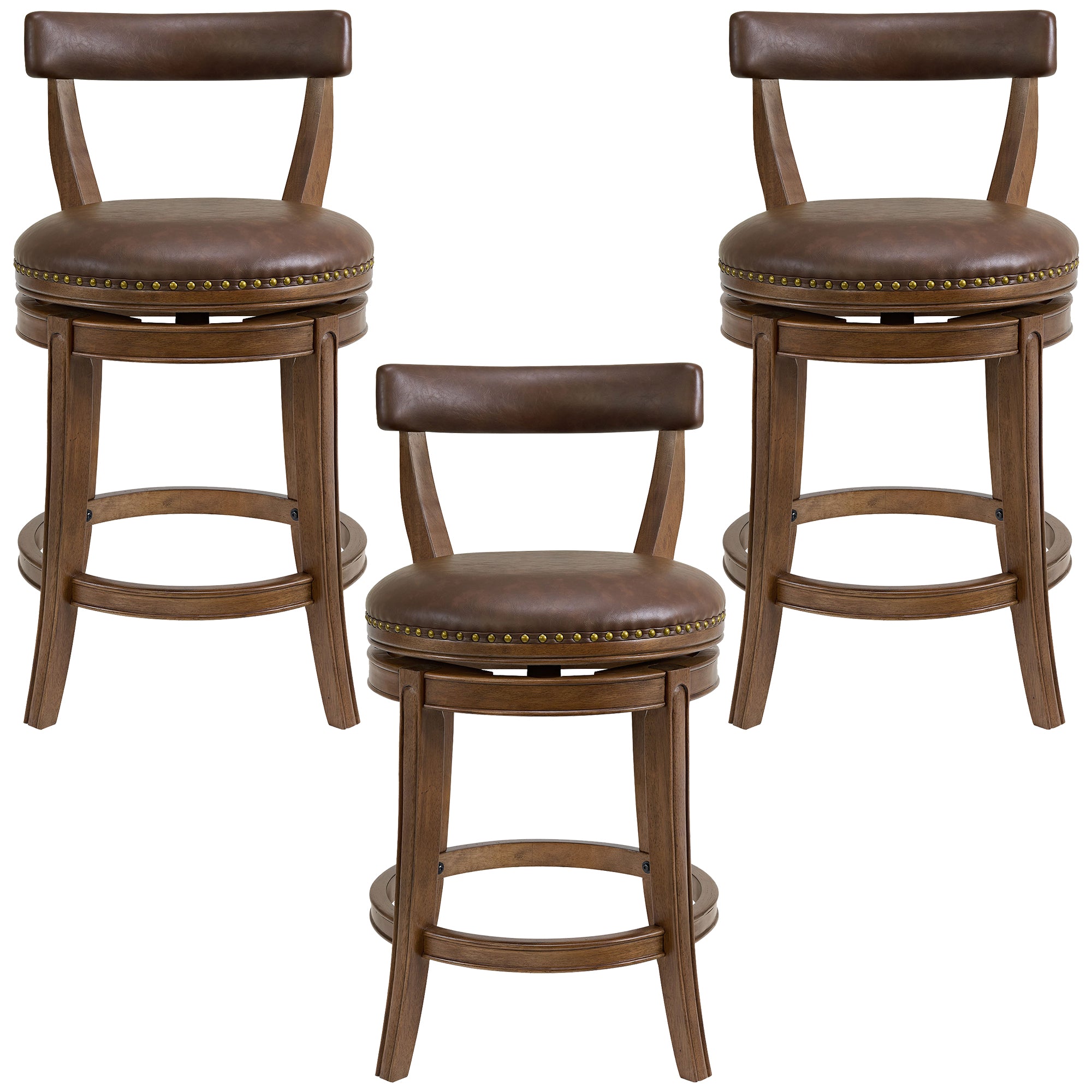 ROME + OAK Ruxban 26" Swivel Counter Stool, Walnut with Brown Leather, Set of 3