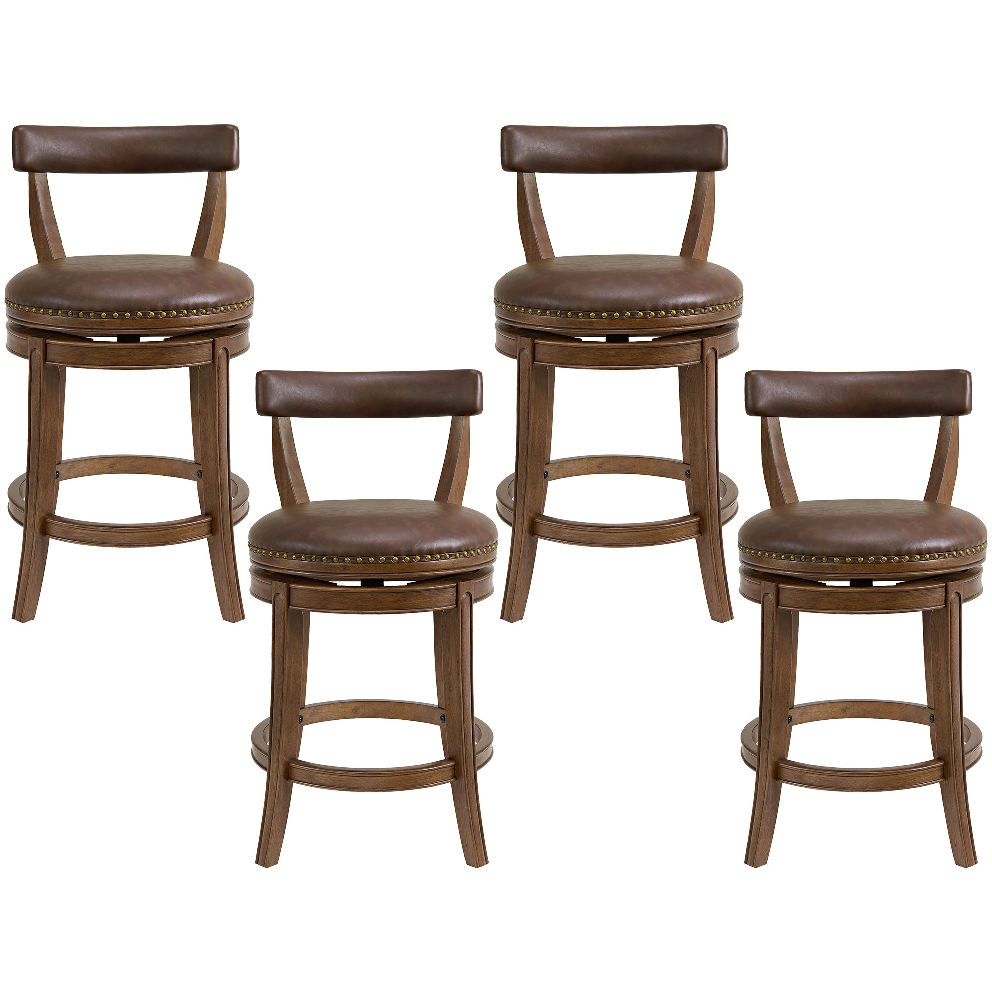 ROME + OAK Ruxban 26" Swivel Counter Stool, Walnut with Brown Leather, Set of 4