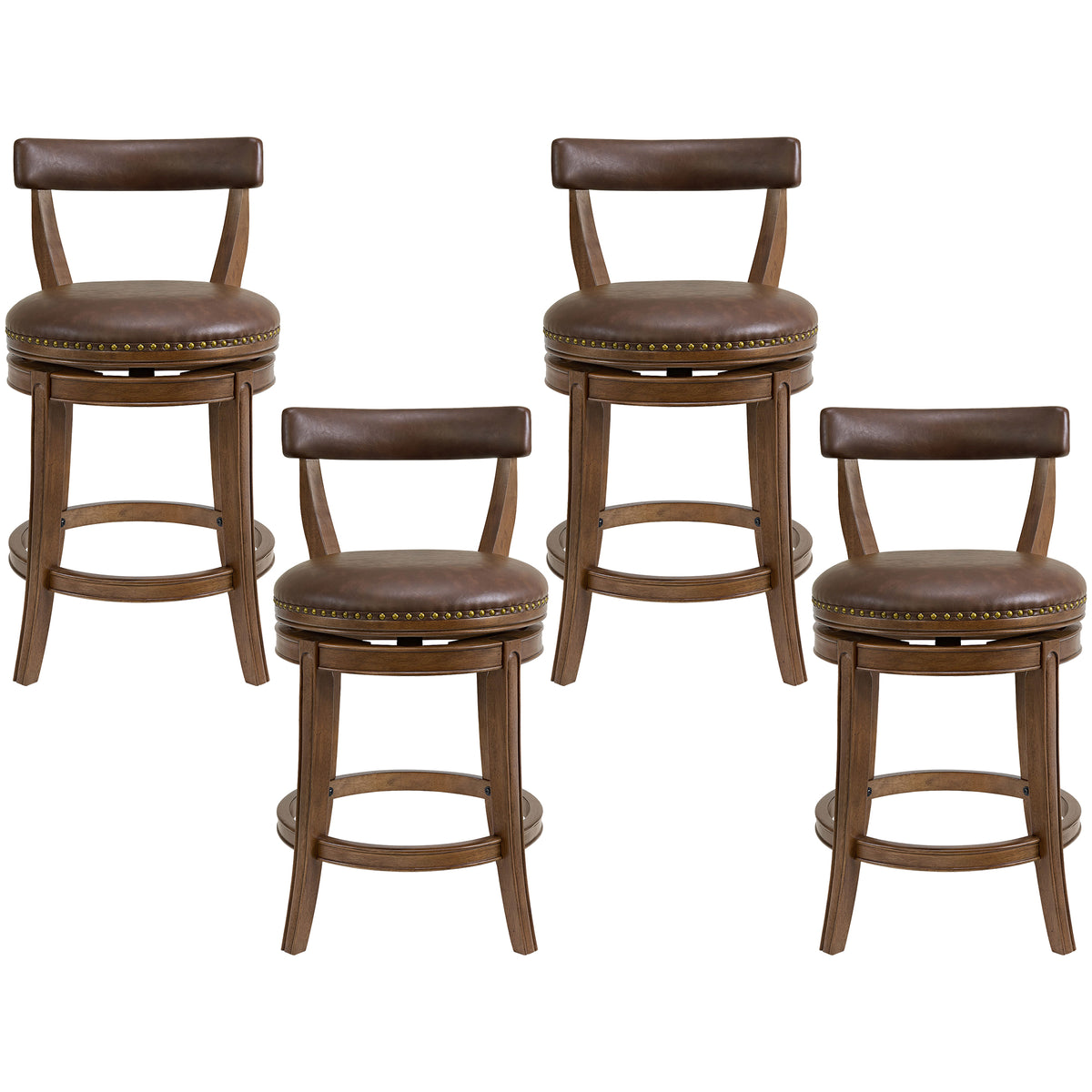 ROME + OAK Ruxban 26" Swivel Counter Stool, Walnut with Brown Leather, Set of 4