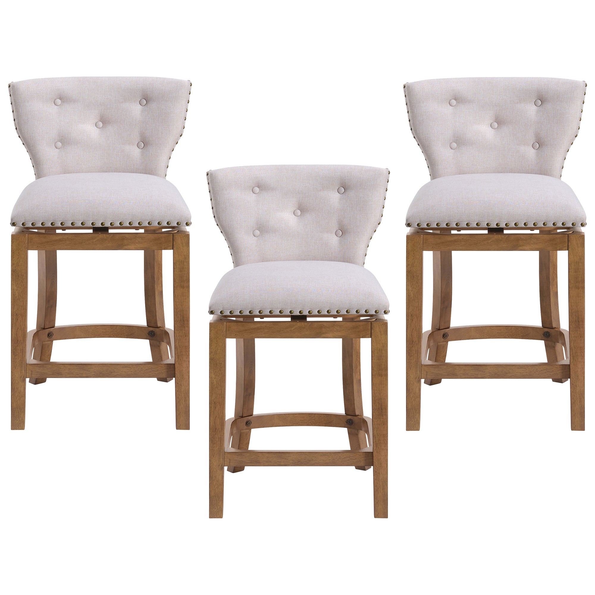 ROME + OAK Carlynd 26" Swivel Counter Stool, Weathered Oak, Sand Fabric,Set of 3