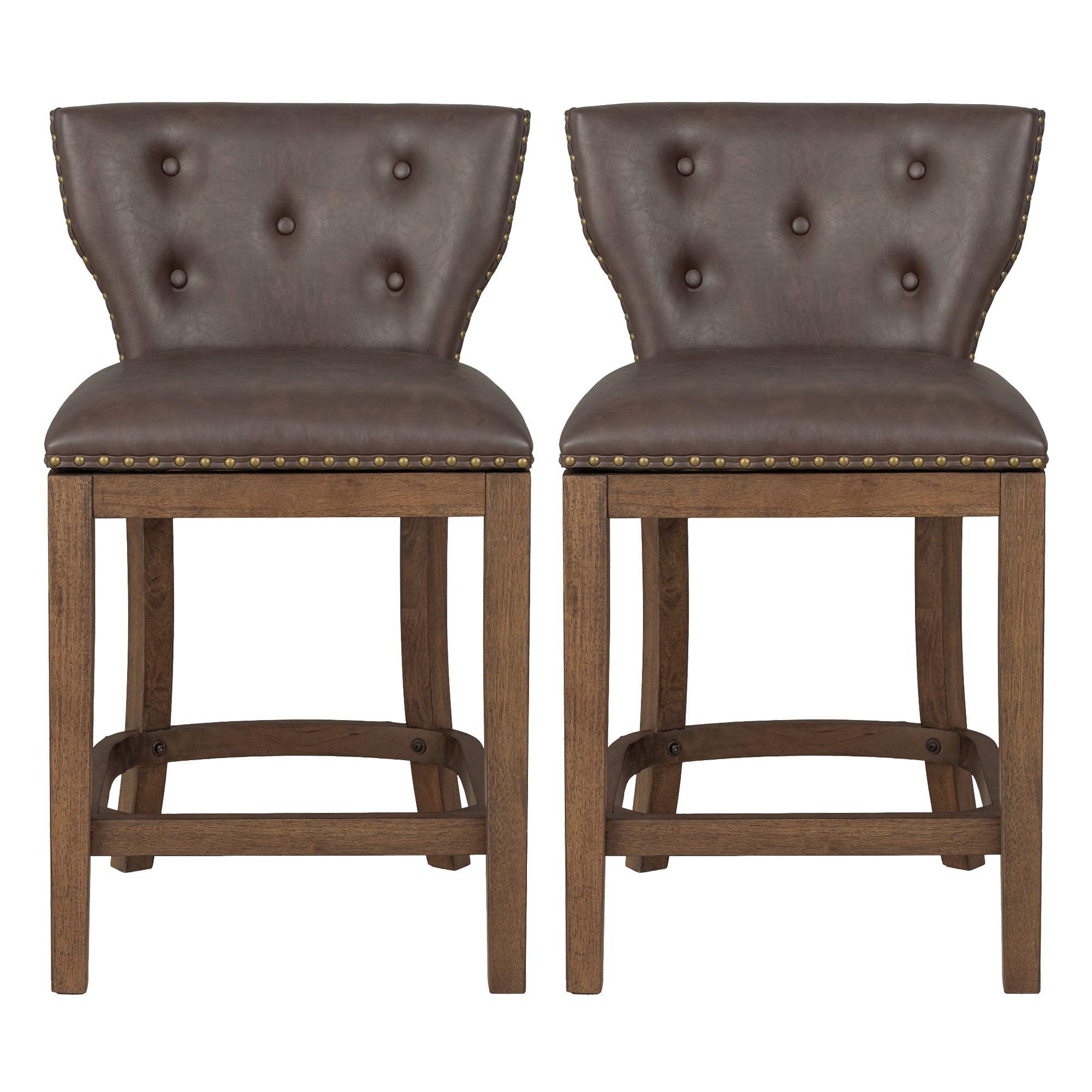 ROME + OAK Carlynd 26" Swivel Counter Stool, Walnut with Brown Leather, Set of 2