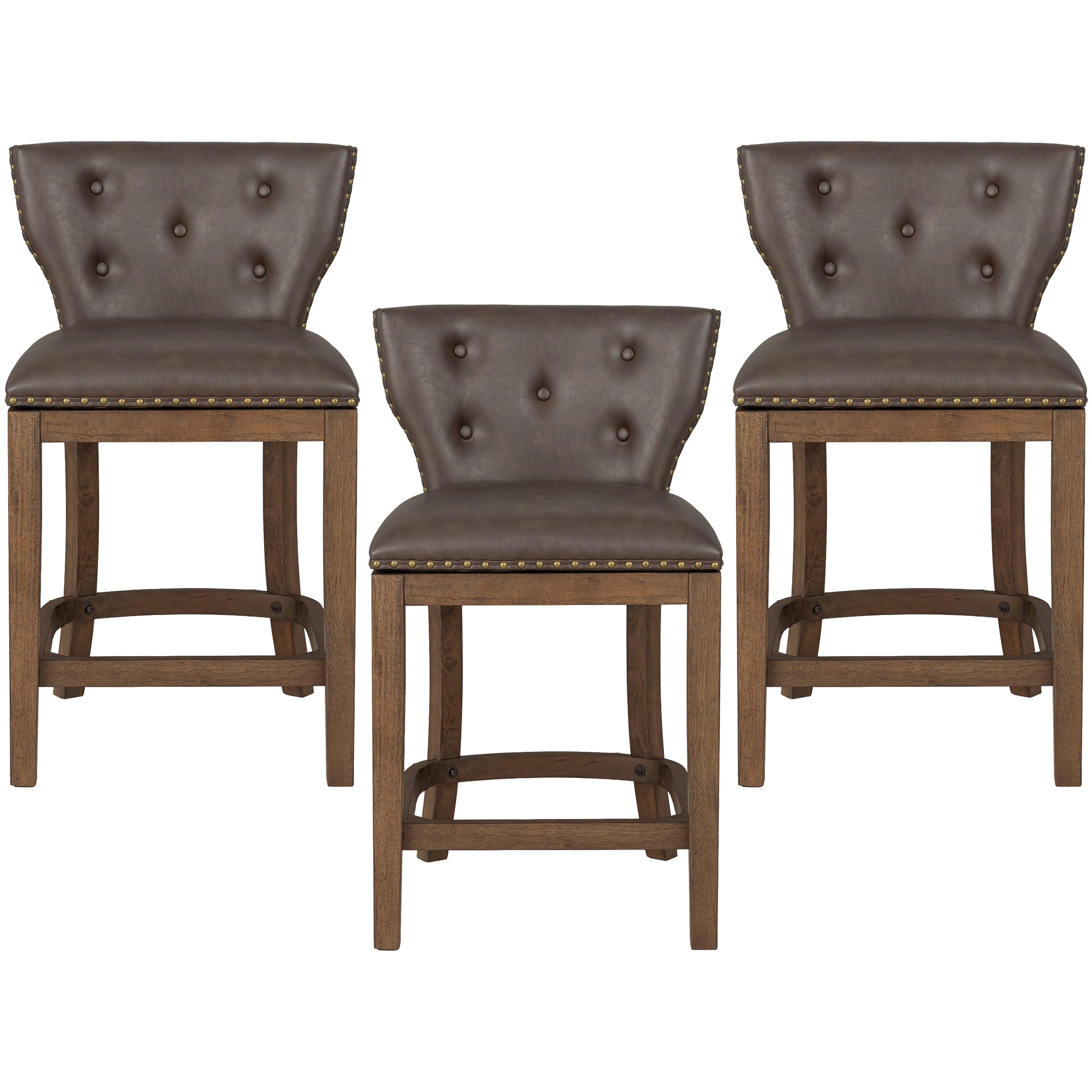 ROME + OAK Carlynd 26" Swivel Counter Stool, Walnut with Brown Leather, Set of 3