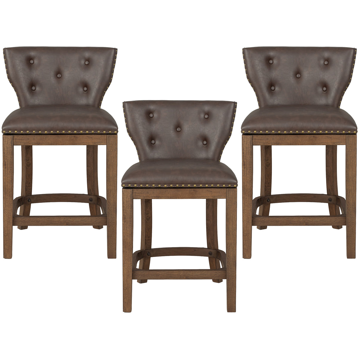 ROME + OAK Carlynd 26" Swivel Counter Stool, Walnut with Brown Leather, Set of 3