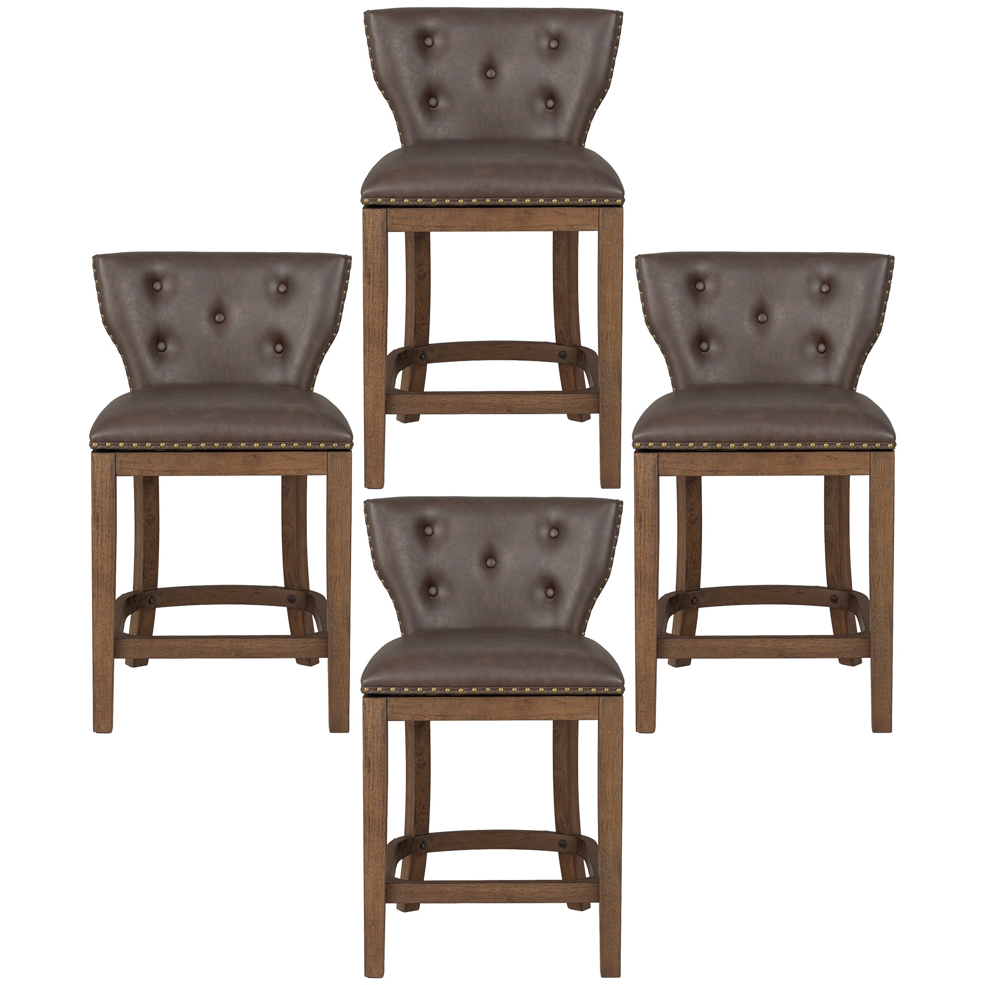 ROME + OAK Carlynd 26" Swivel Counter Stool, Walnut with Brown Leather, Set of 4 - VMInnovations