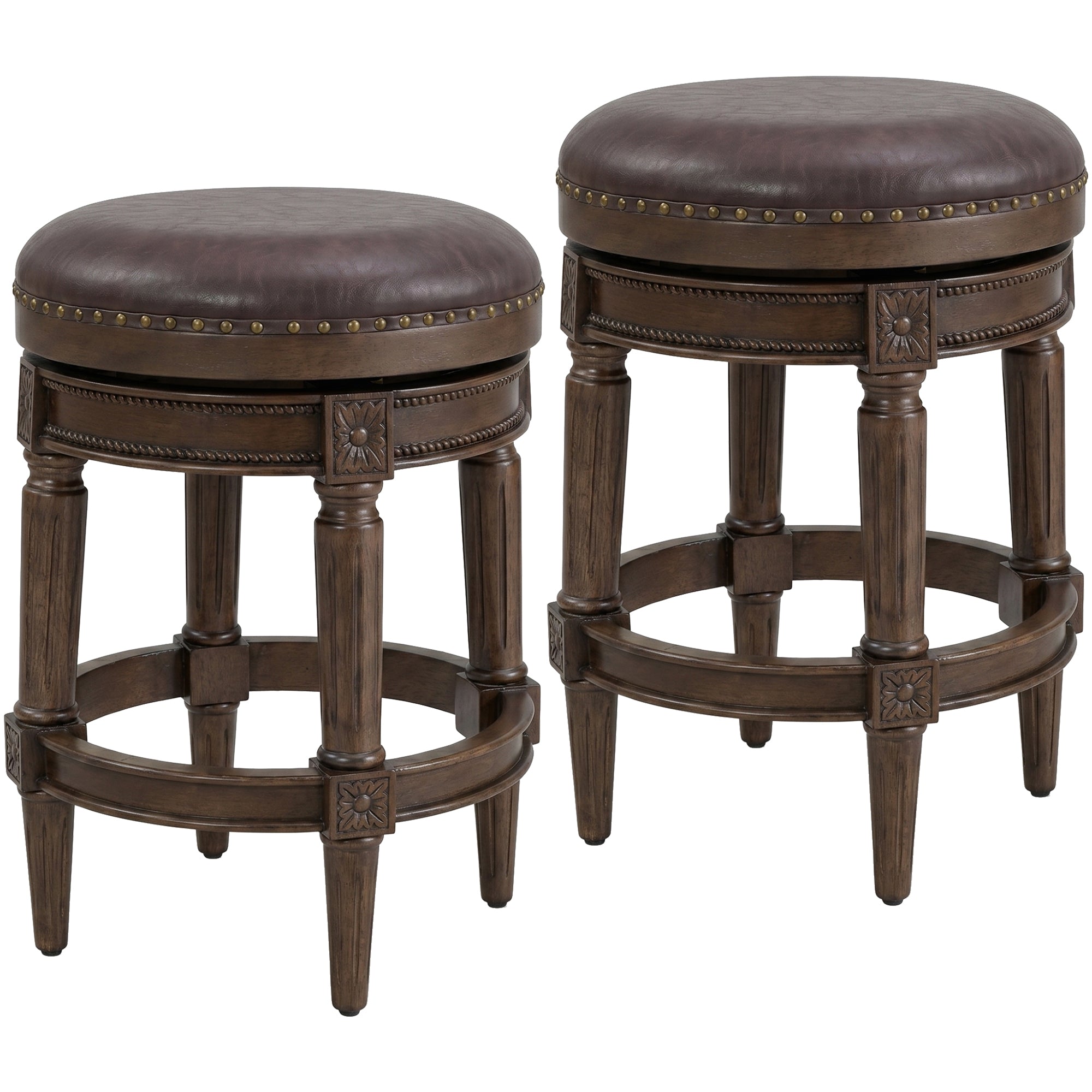 ROME + OAK Runyan 26" Swivel Counter Stool, Walnut, Brown Vegan Leather,Set of 2