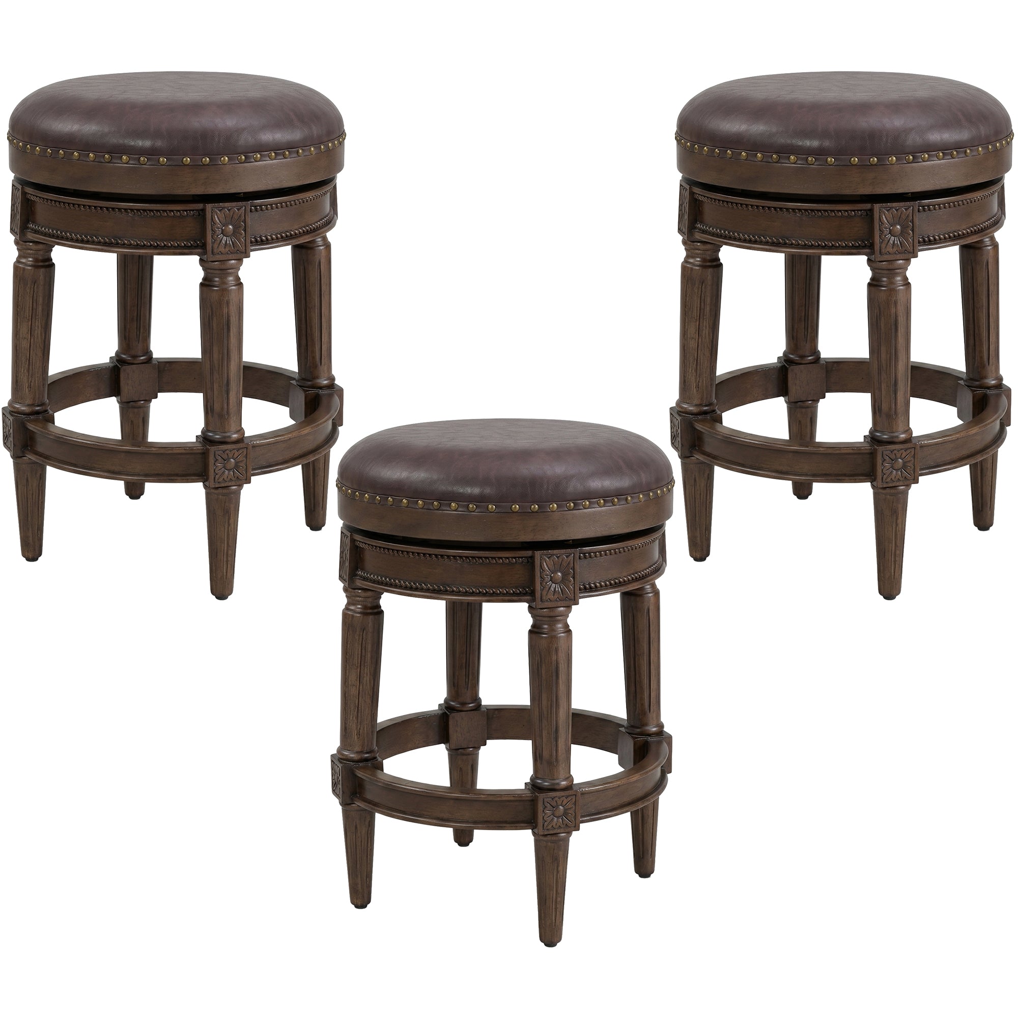 ROME + OAK Runyan 26" Swivel Counter Stool, Walnut, Brown Vegan Leather,Set of 3