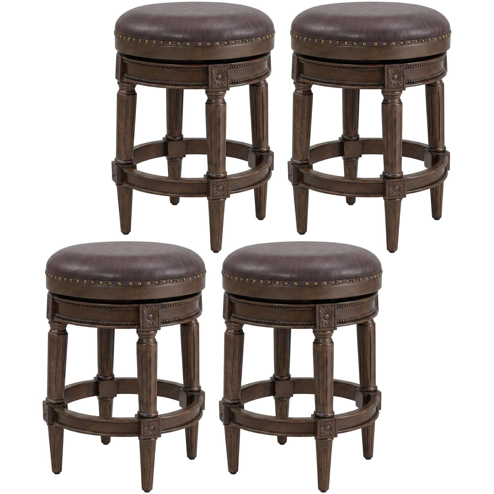 ROME + OAK Runyan 26" Swivel Counter Stool, Walnut, Brown Vegan Leather,Set of 4
