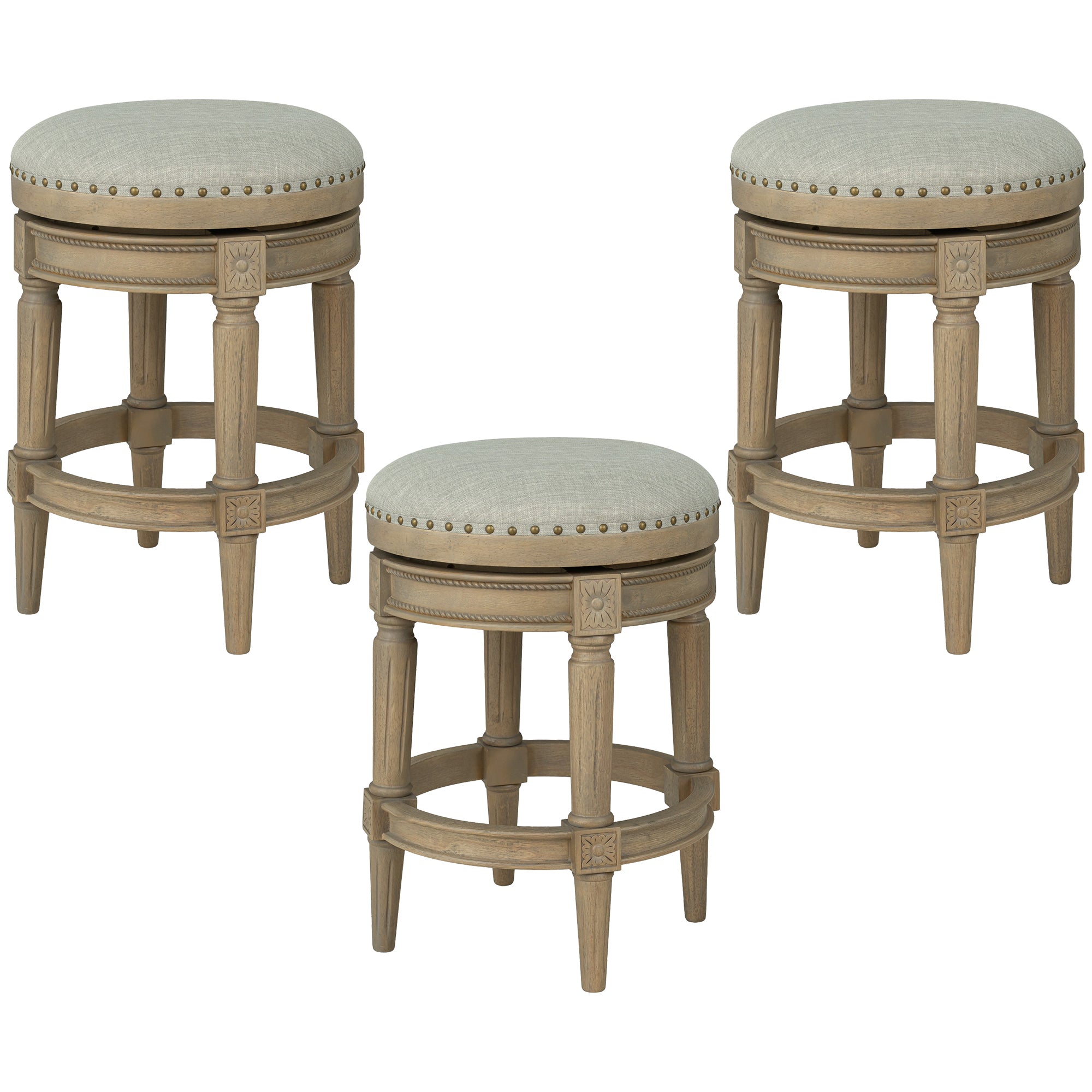 ROME + OAK Runyan 26" Swivel Counter Stool, Reclaimed Oak, Grey Fabric, Set of 3