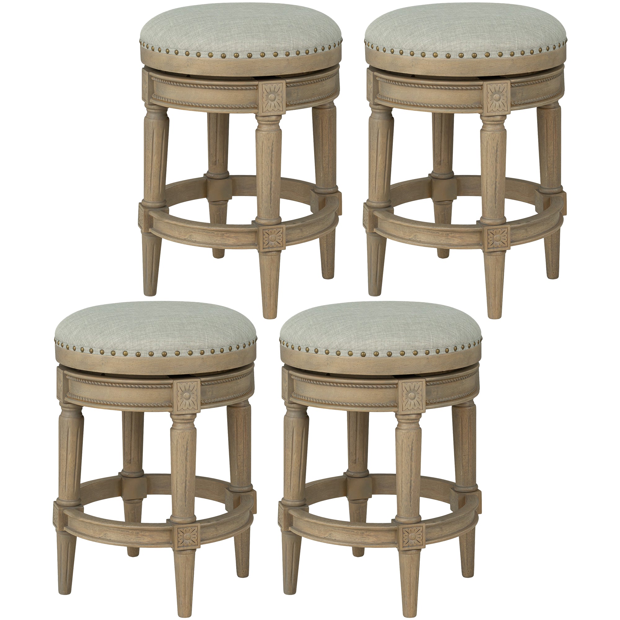 ROME + OAK Runyan 26" Swivel Counter Stool, Reclaimed Oak, Grey Fabric, Set of 4