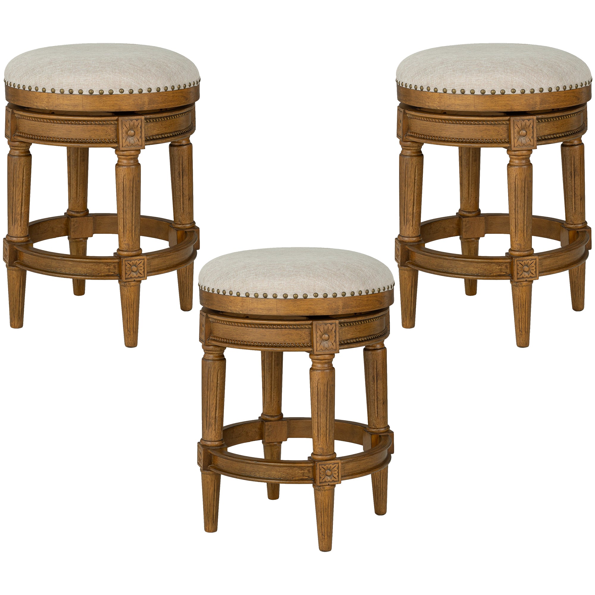 ROME + OAK Runyan 26" Swivel Counter Stool, Weathered Oak, Sand Fabric, Set of 3