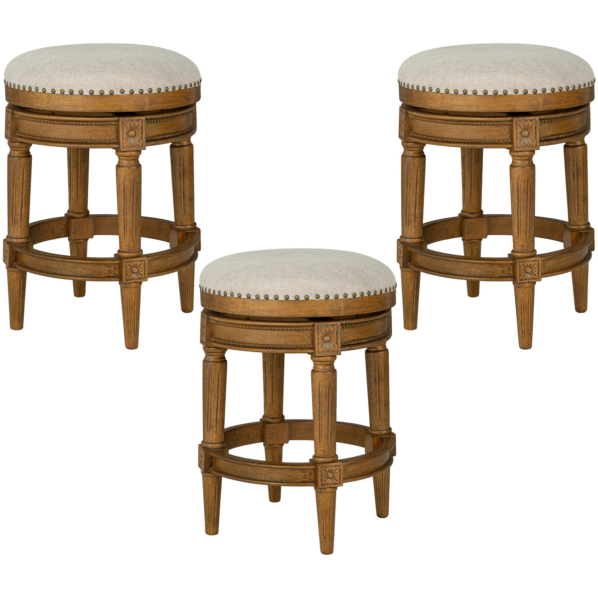 ROME + OAK Runyan 26" Swivel Counter Stool, Weathered Oak, Sand Fabric, Set of 3