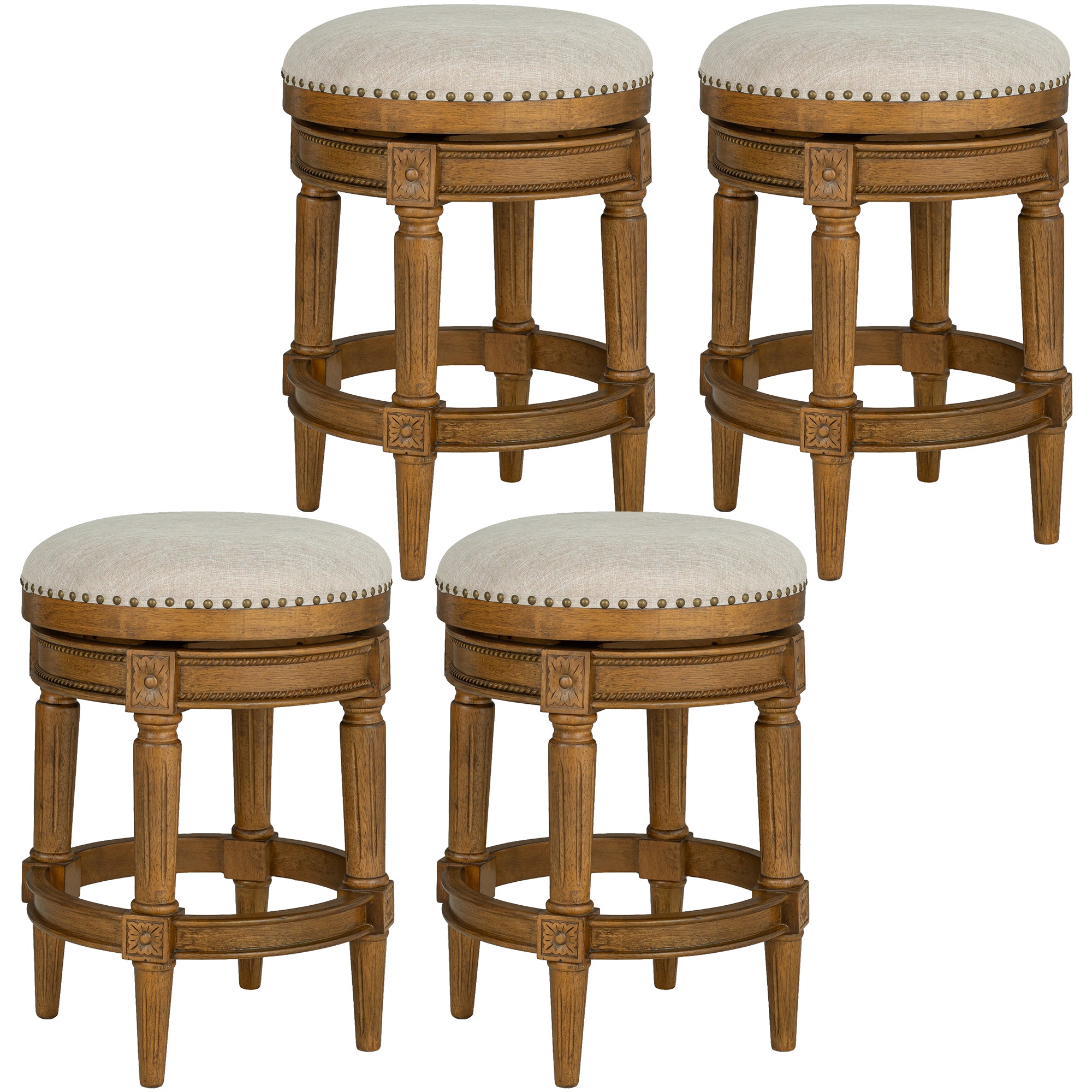 ROME + OAK Runyan 26" Swivel Counter Stool, Weathered Oak, Sand Fabric, Set of 4