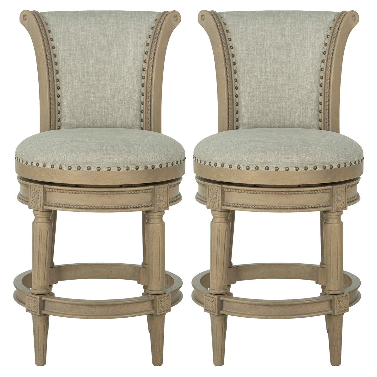 ROME + OAK Runyan 26" Swivel Counter Stool, Reclaimed Oak, Grey Fabric, Set of 2